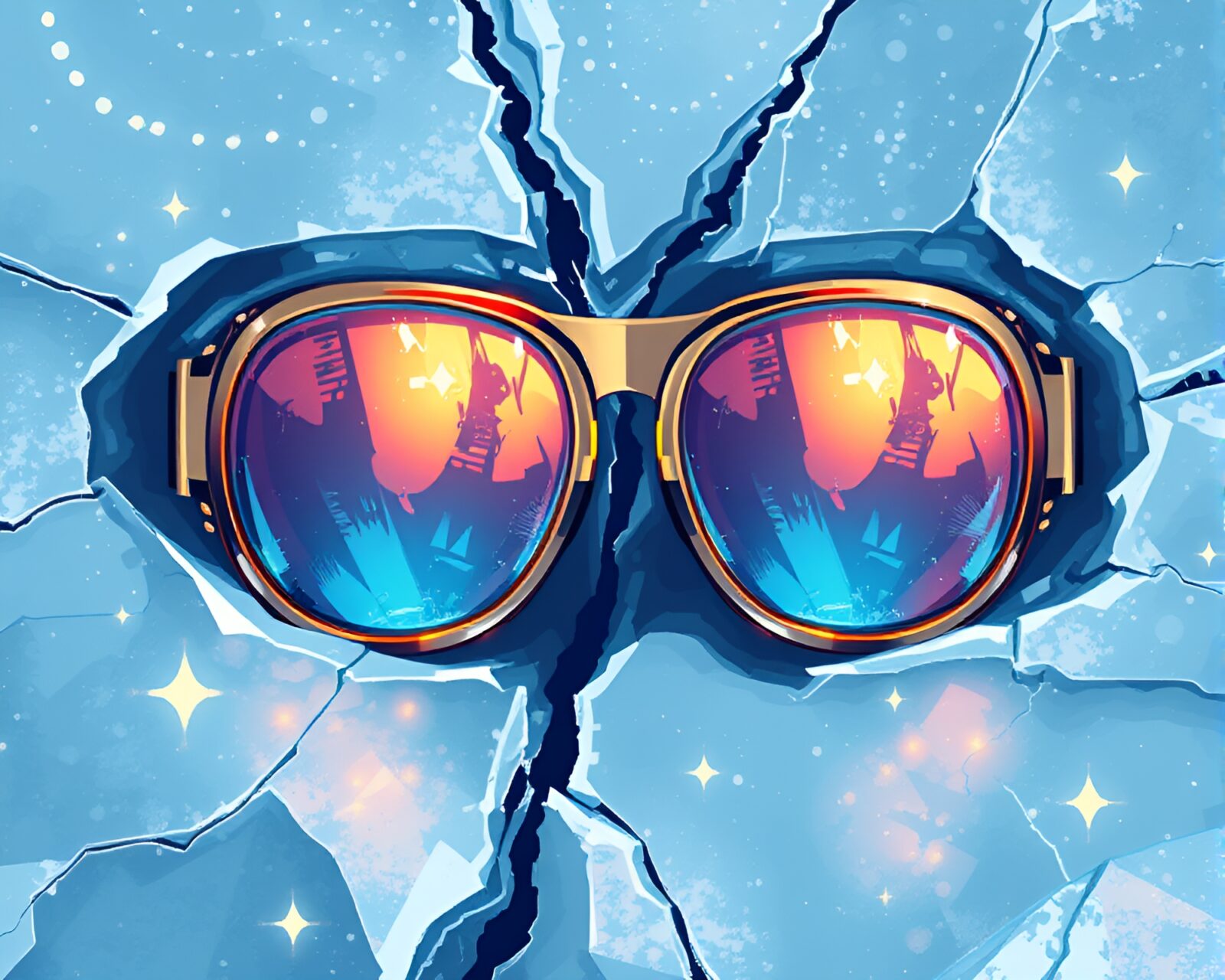 Pixel art of steampunk goggles reflecting topaz brightness on ice