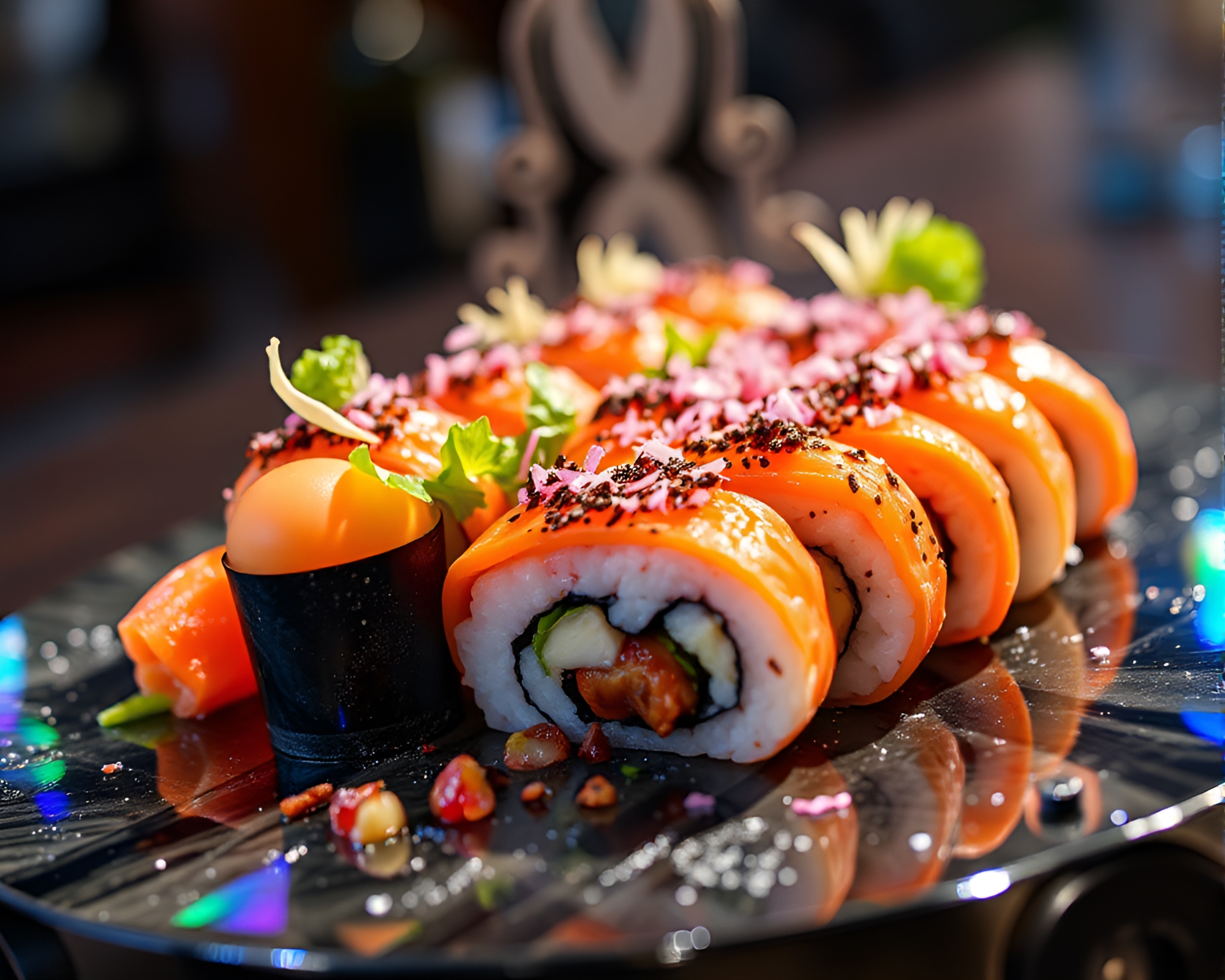 Sushi Platter with Iridescent Highlights in Dutch Angle – free AI stock image