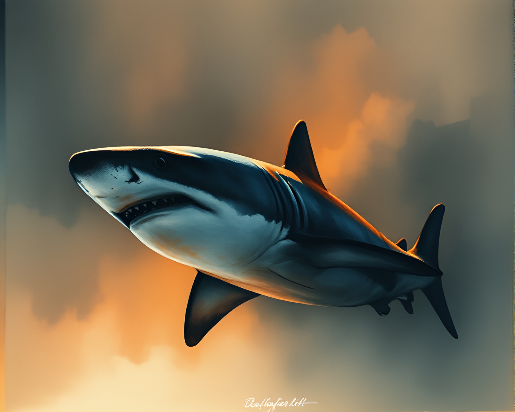 Shark swimming through layered ink wash depths – free AI stock image