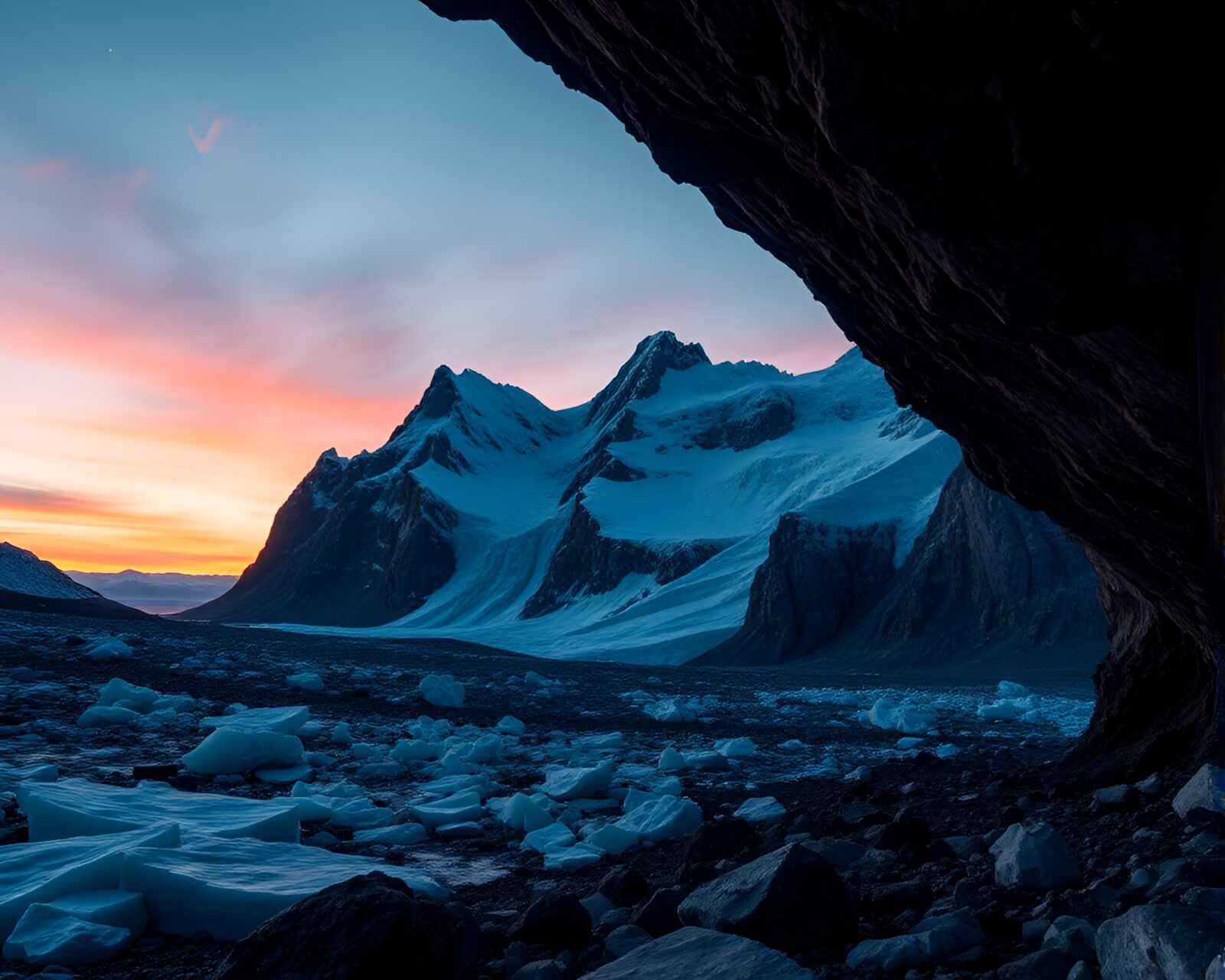 Majestic glacial cave with intricate halftone rim lighting