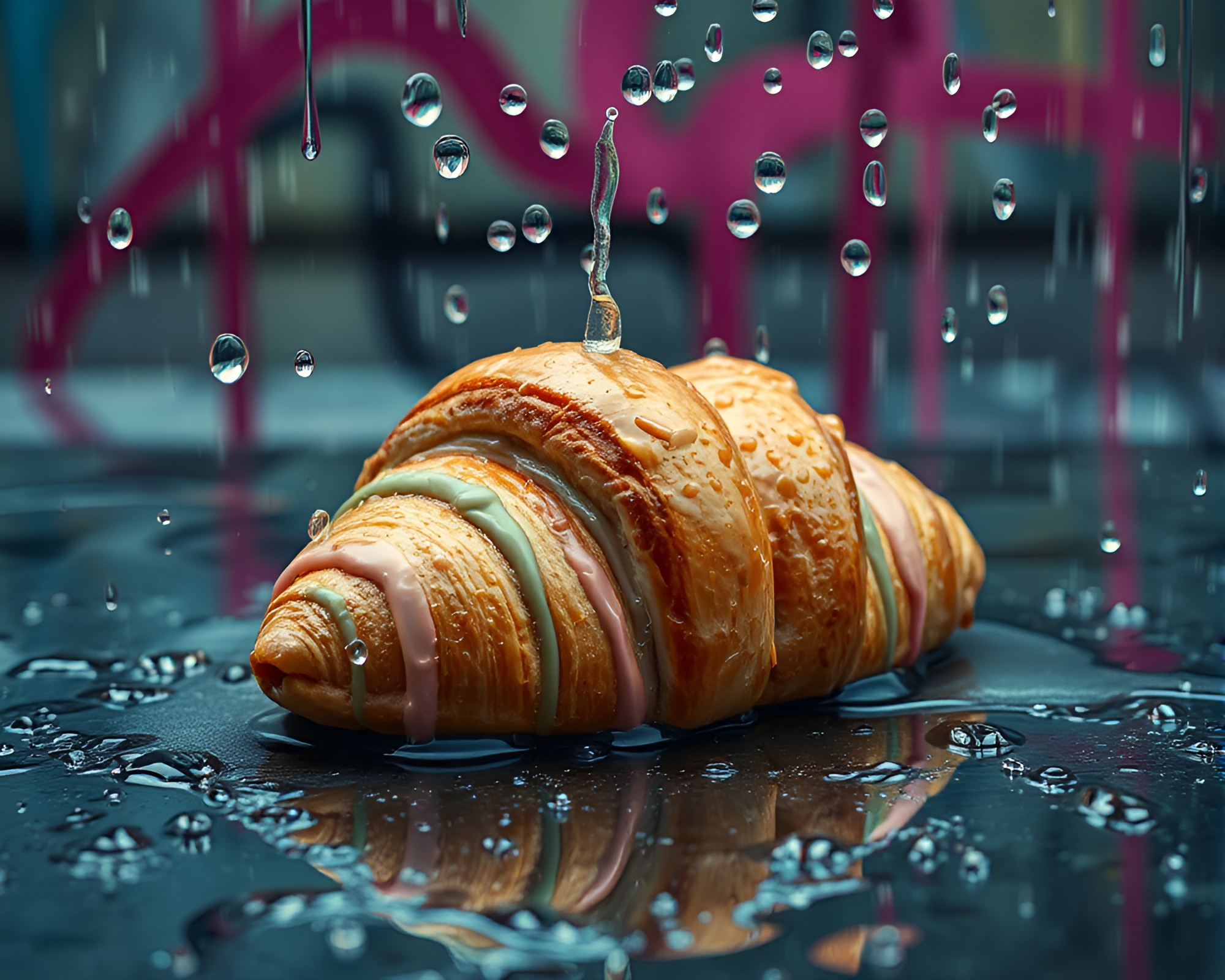 Graffiti Croissant: Dystopian Rain Droplets Artwork – free AI stock image