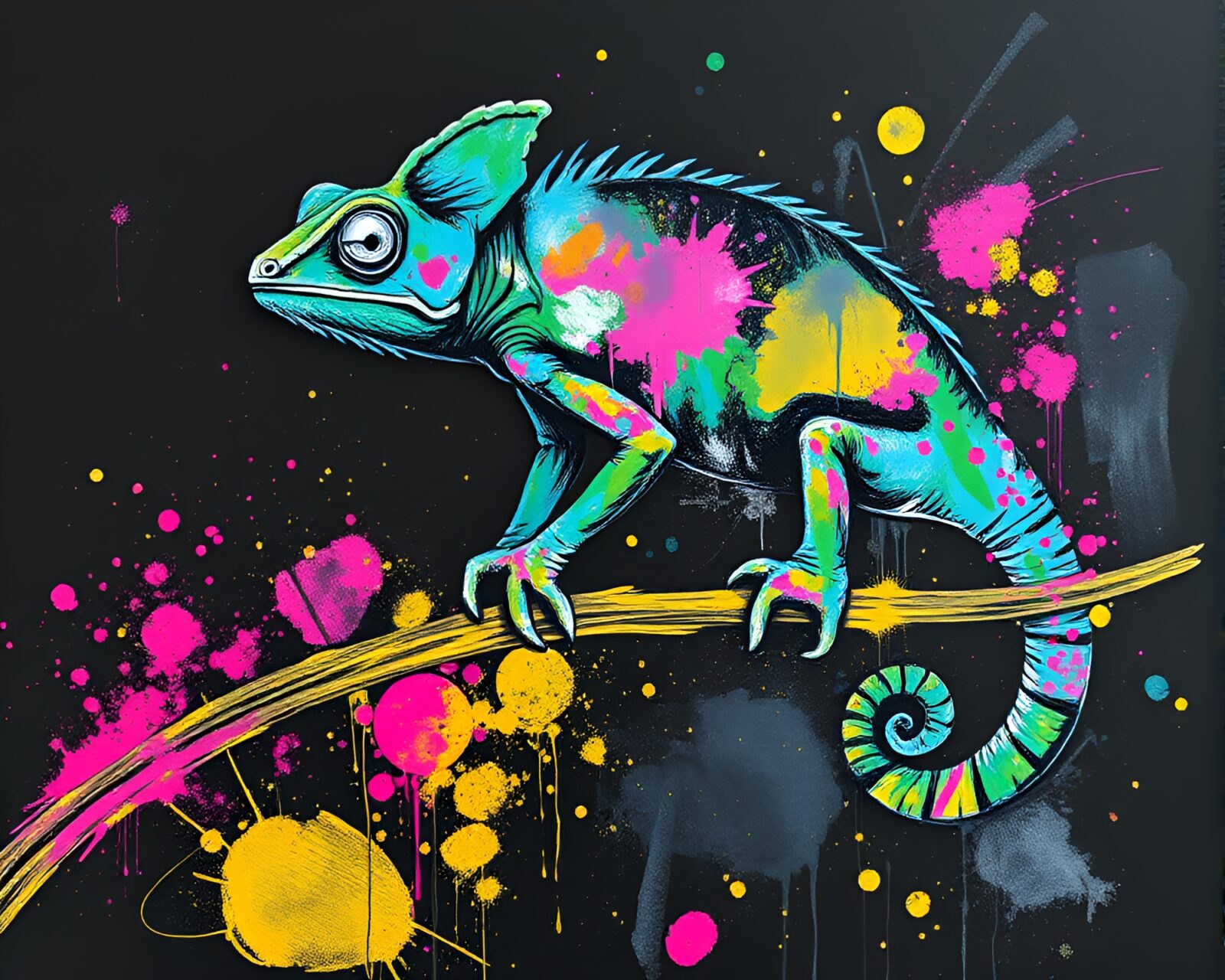 Colorful chameleon blending into vibrant splattered chalkboard background