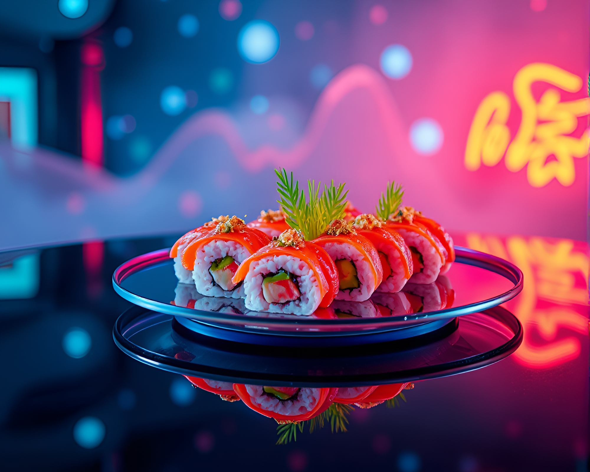 Planetary Pastel Sushi Platter with Neon Reflections – free AI stock image