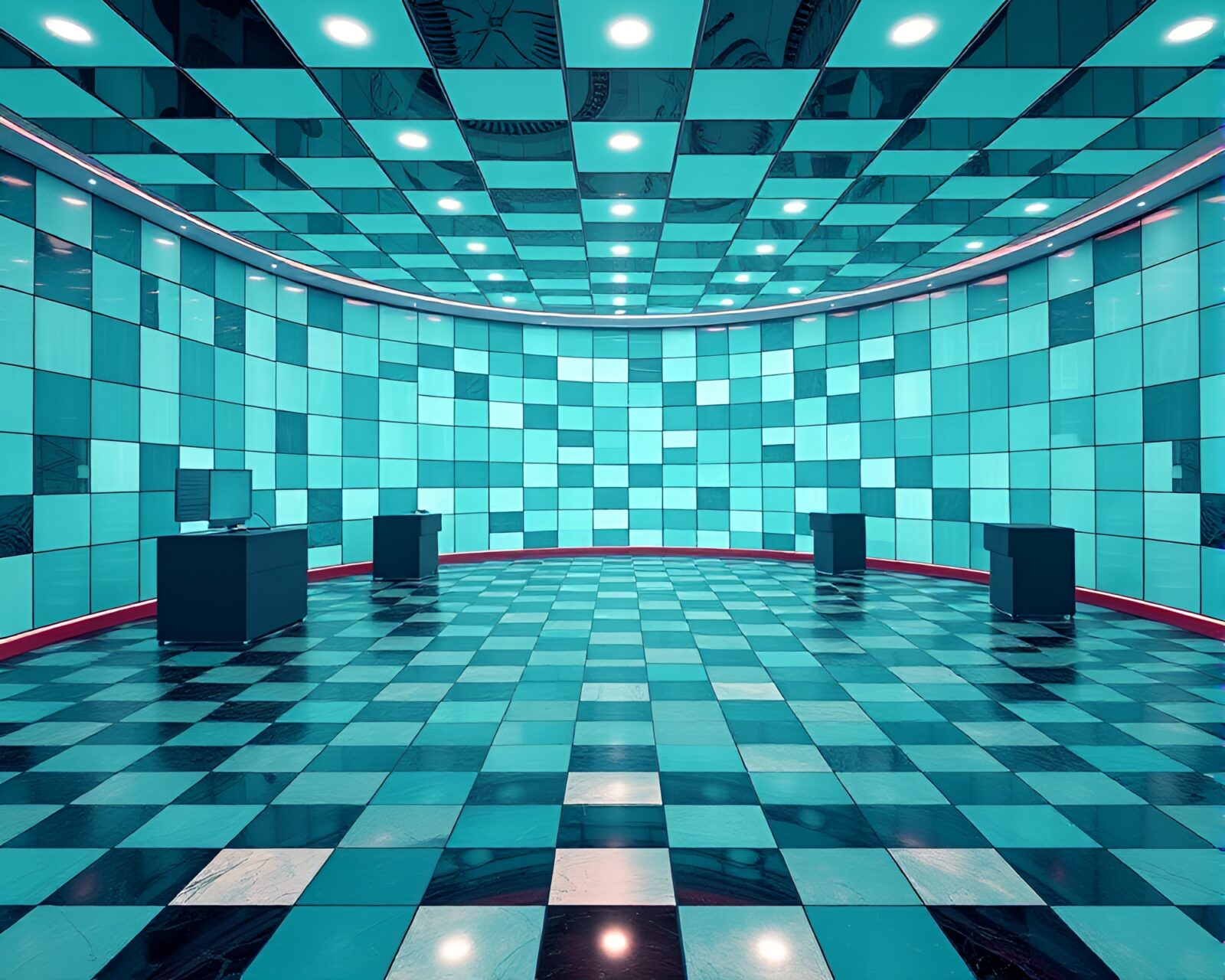 Futuristic virtual reality room with teal lighting and checkered floor