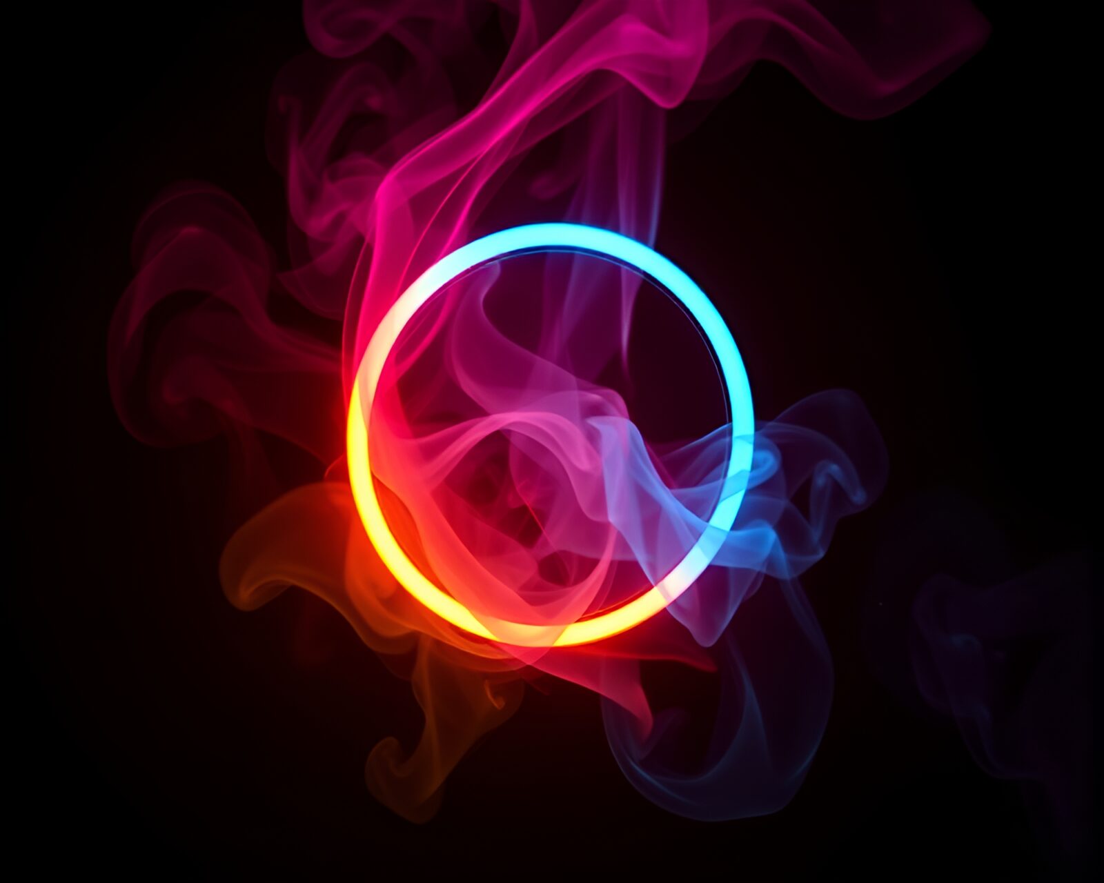 Vibrant neon smoke rings swirling in origami shapes