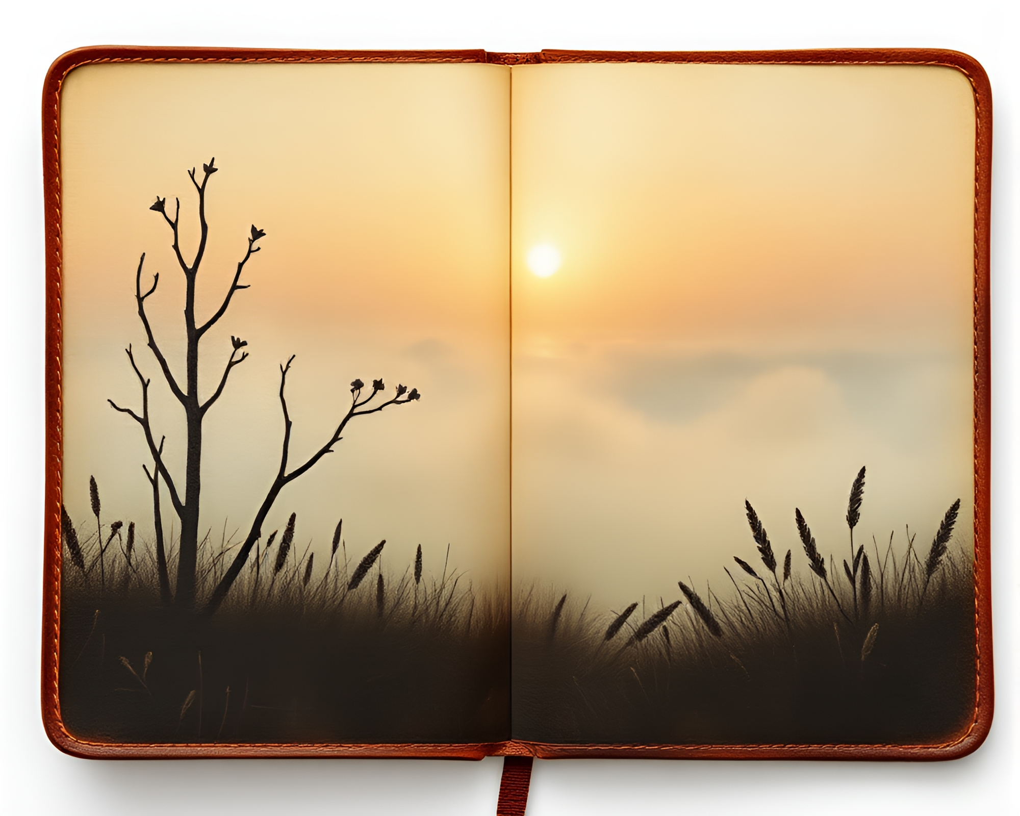 Misty Dawn Collage with Leather-bound Diary – free AI stock image