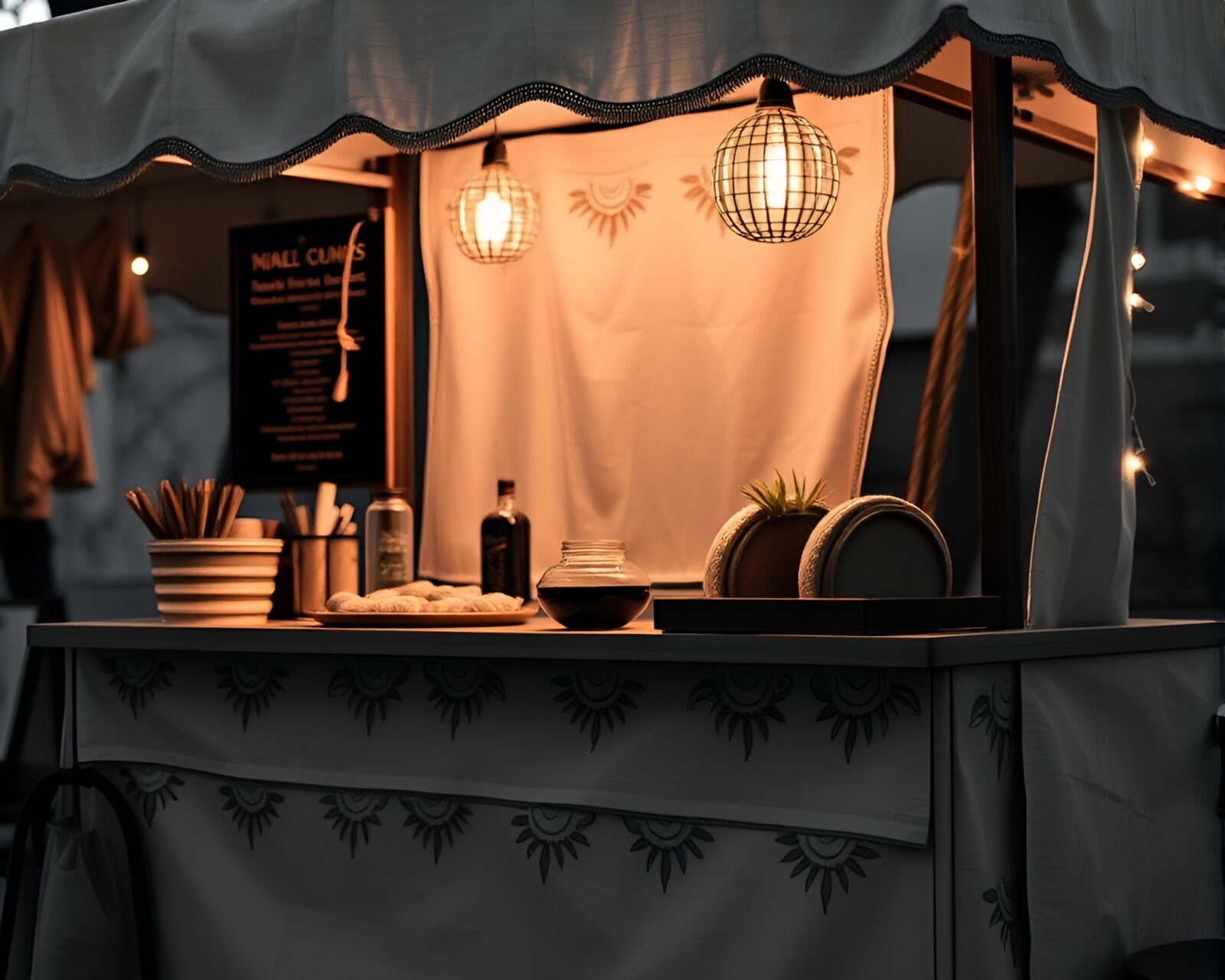 Monochrome image of an intricately embroidered taco stand