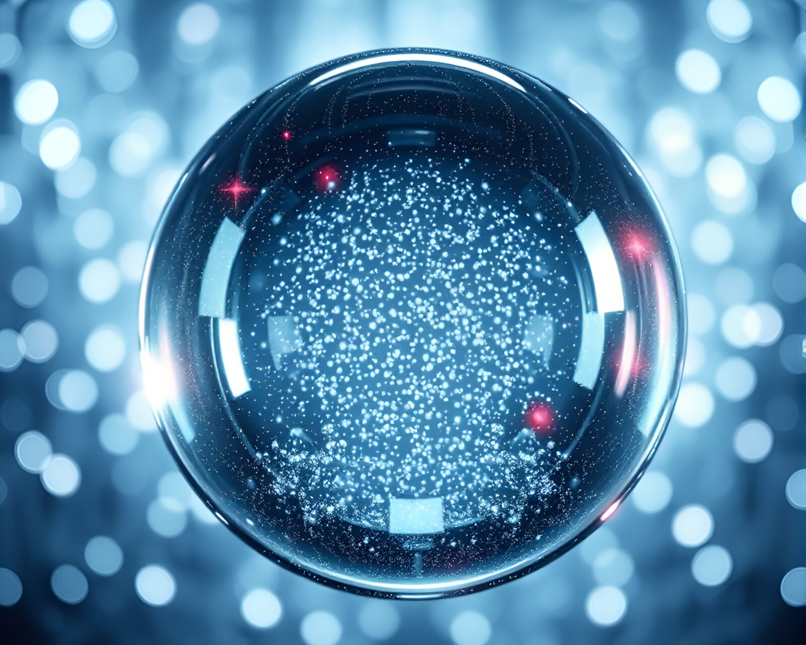 Shimmering glass orb surrounded by digital particles in dark setting