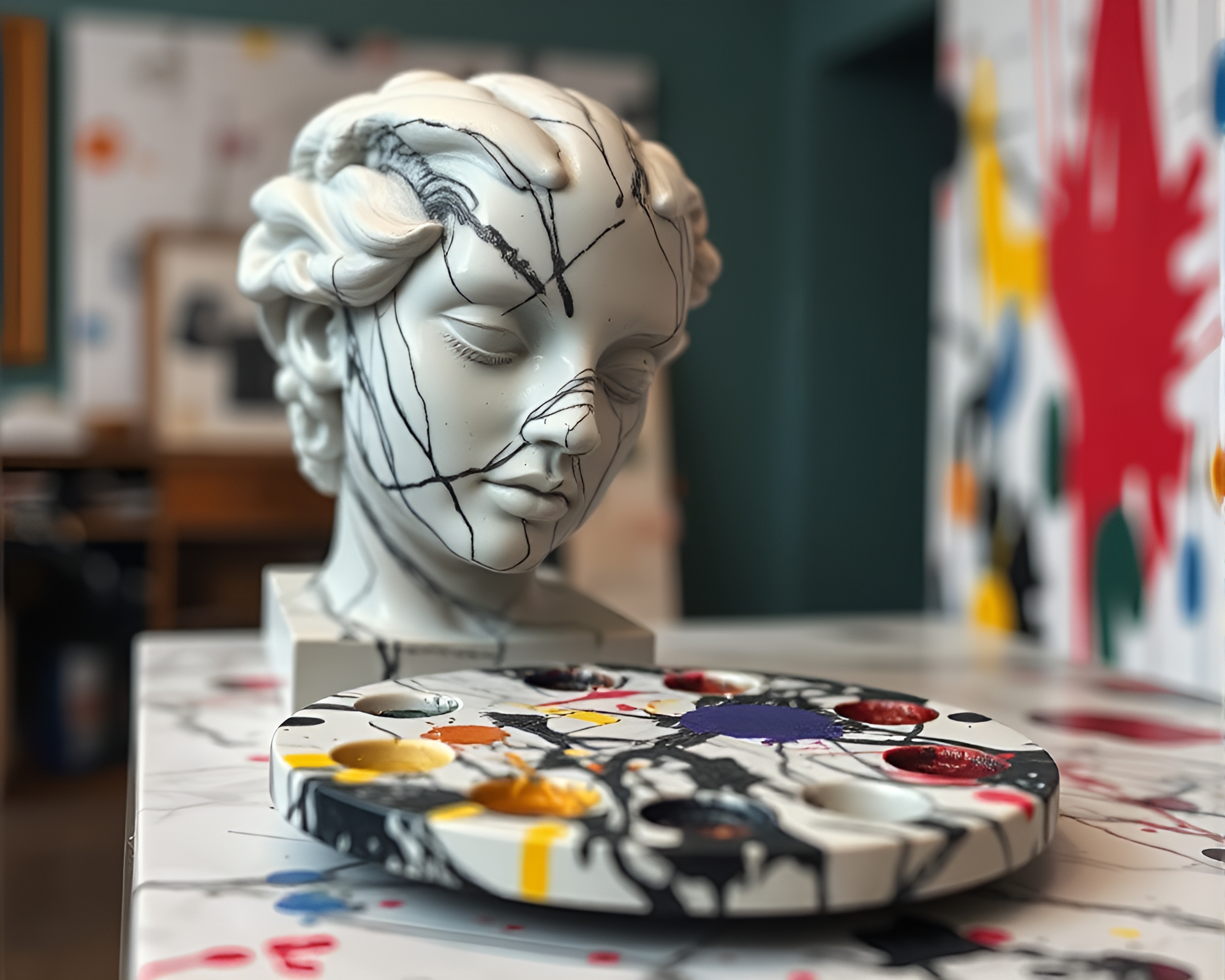 90s Grunge Marble Sculpture Featuring Paint Splatter – free AI stock image