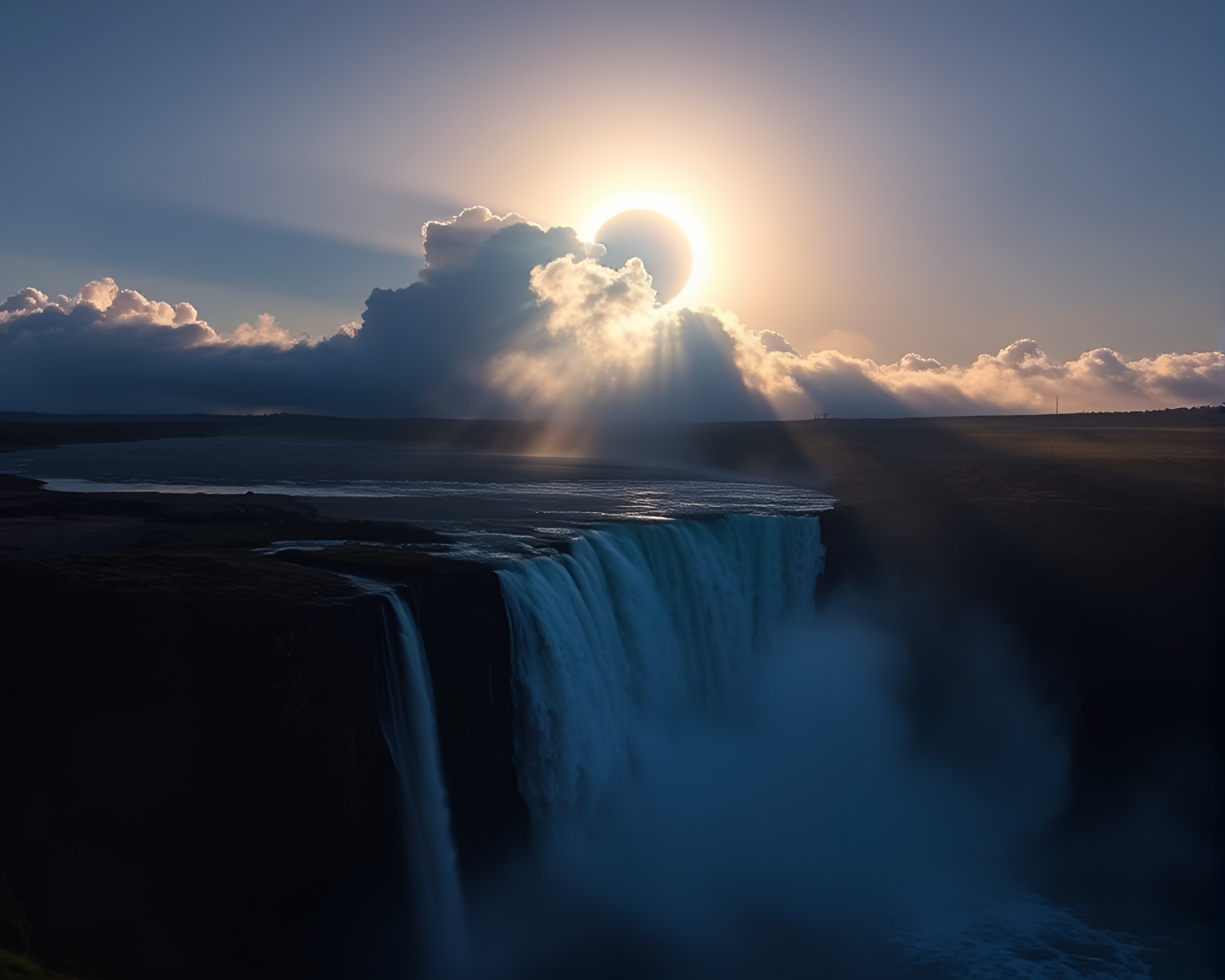 Spectacular Waterfall Eclipse with Explosion Cloud at Twilight – free AI stock image
