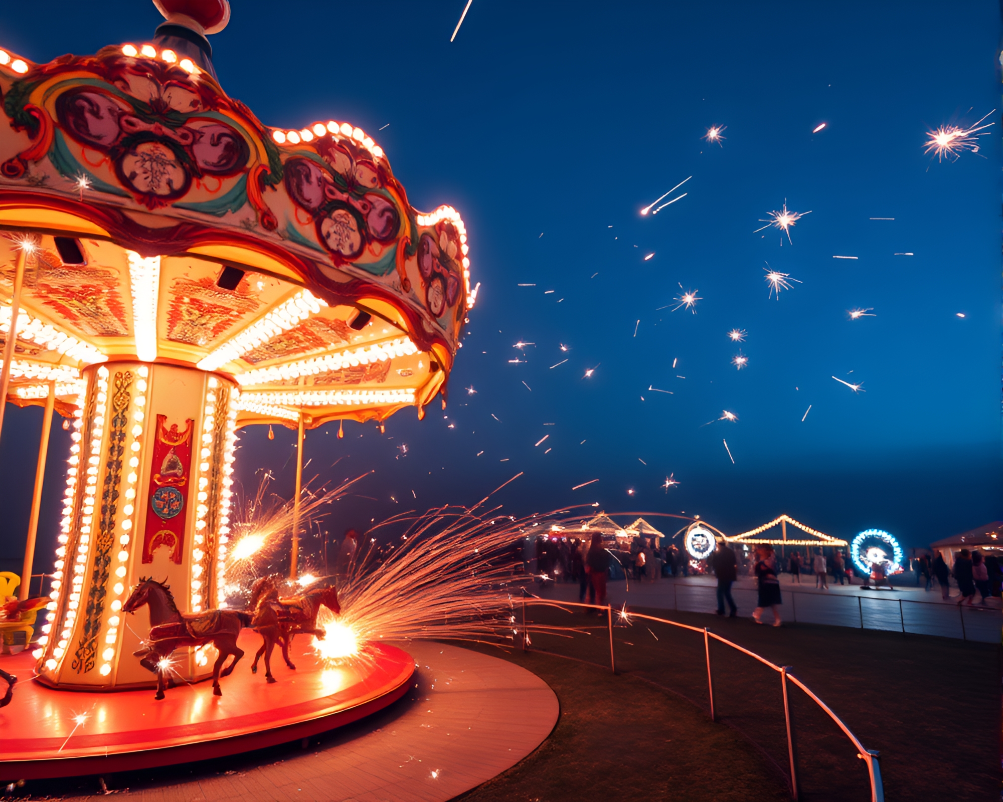 Carnival Carousel with Sparkler Trails in Ocean Blue Hue – free AI stock image