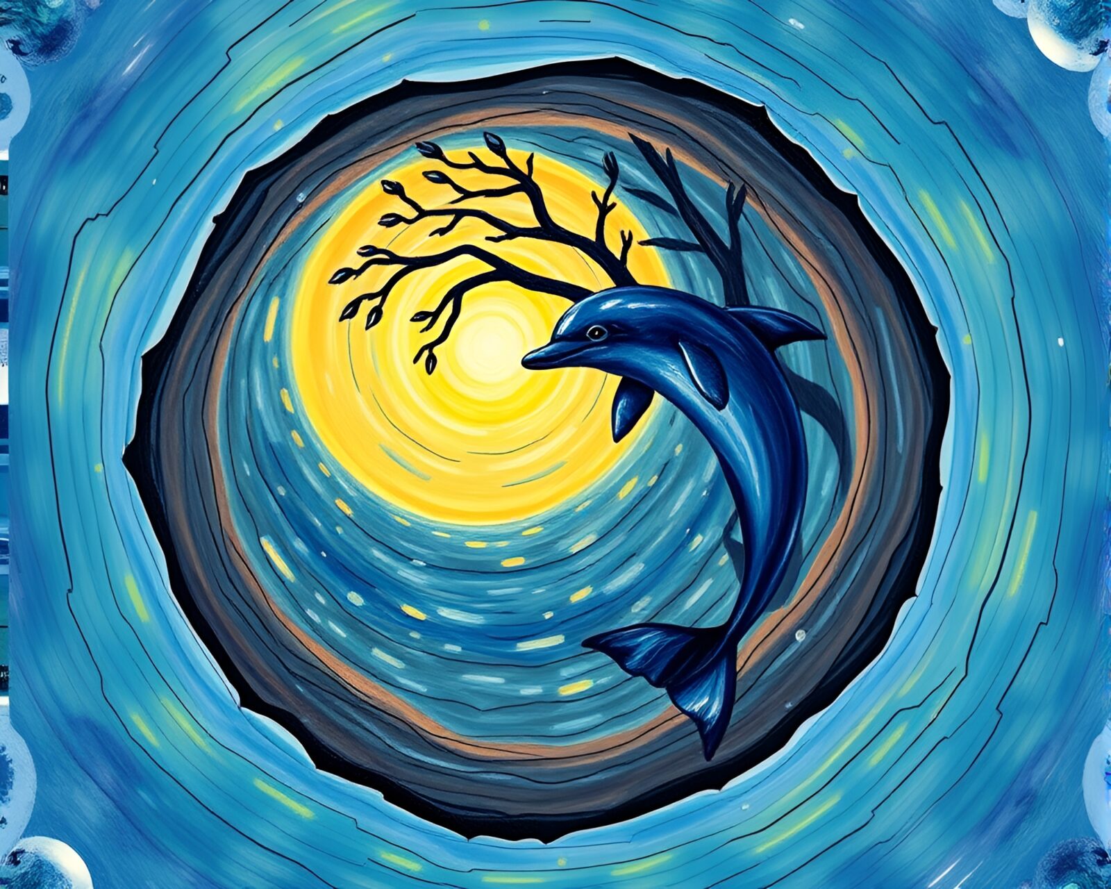 Impressionist art depicting a dolphin in a glowing tree ring pattern