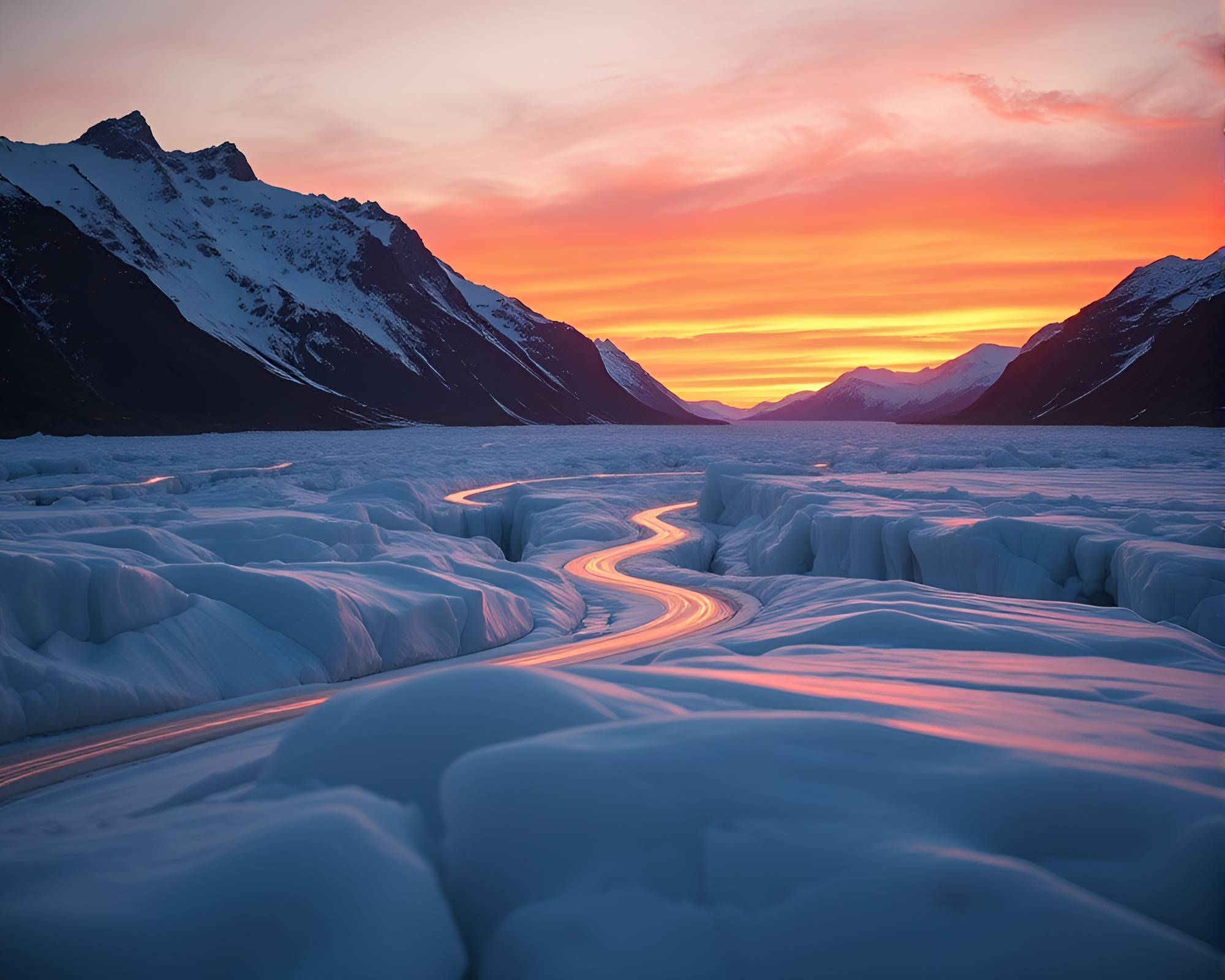 Glacier Sunset Light Trails Minimalist Design – free AI stock image