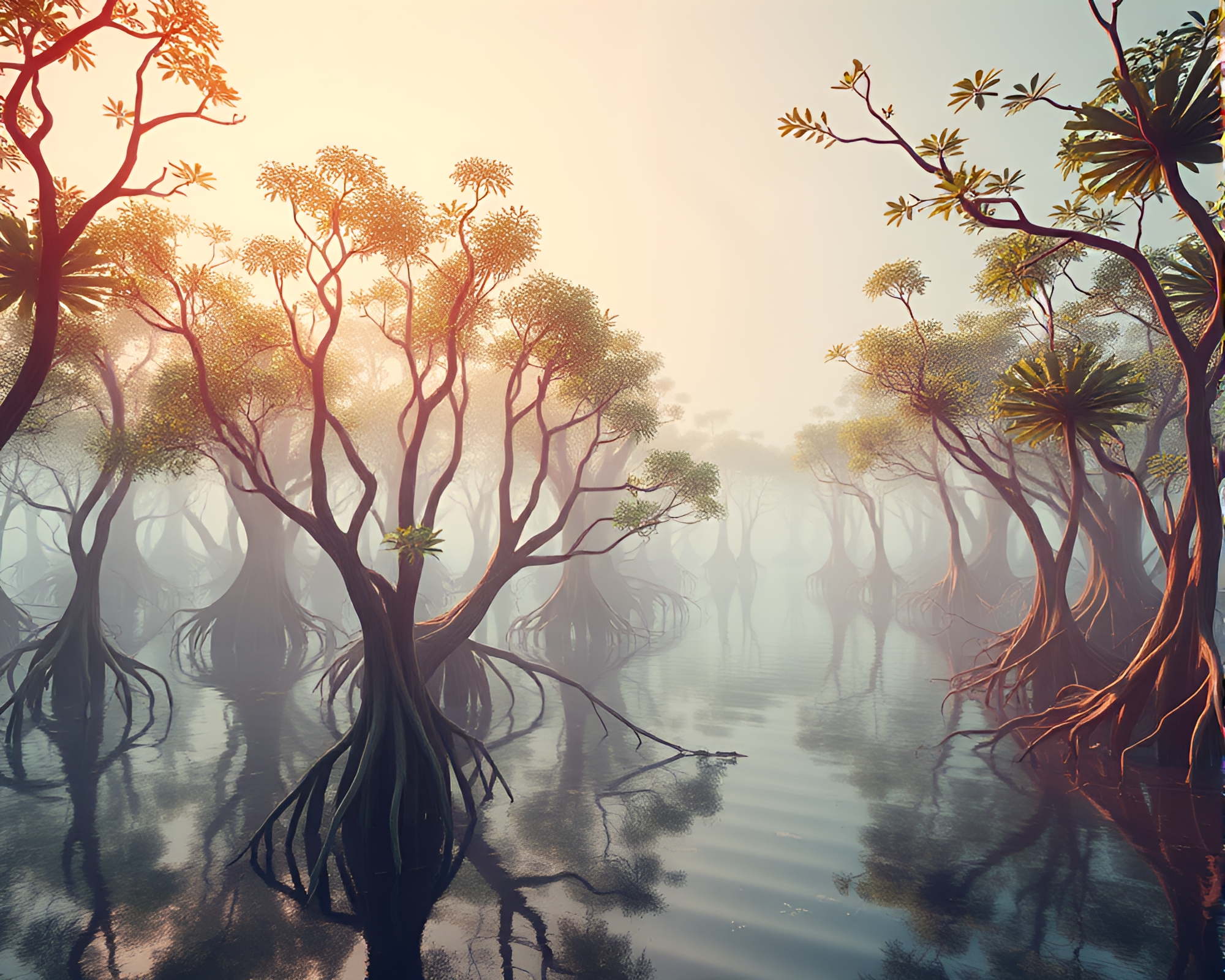 Mangrove Swamp Light Trails in Acid Wash Palette – free AI stock image