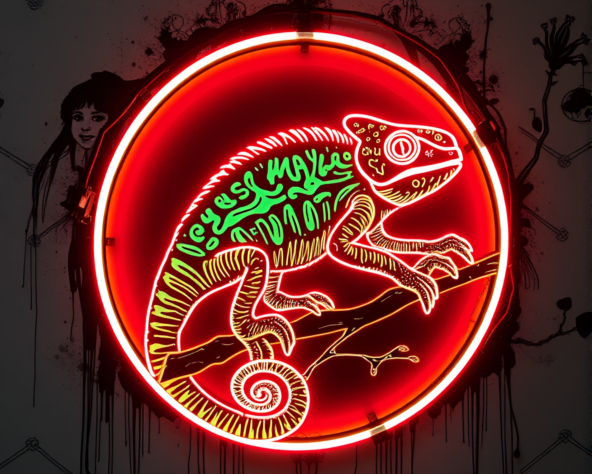 Circular Frame Engraved Chameleon in Neon Graffiti Atmosphere – free AI stock image