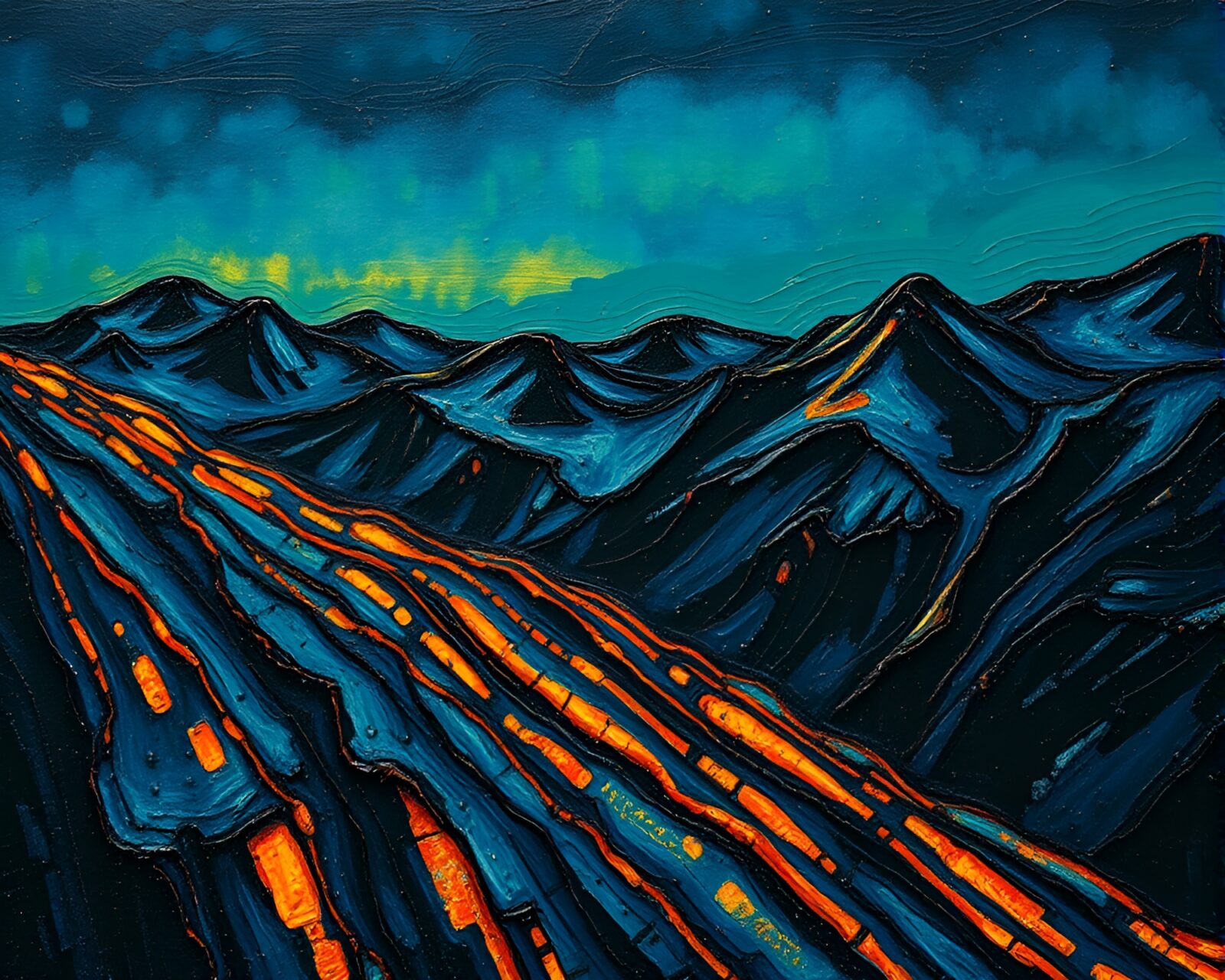 Oil impasto ridges create a textured background for a rusty pocketknife glowing in firefly luminescence