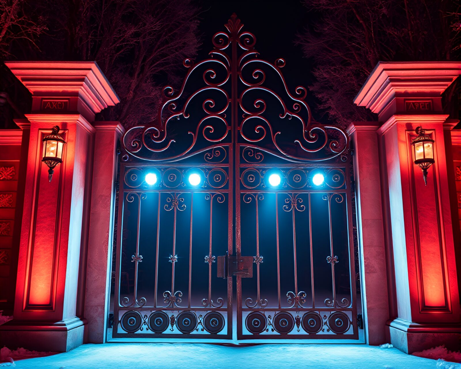 Glowing infrared stage behind ornate gate with bronze hues