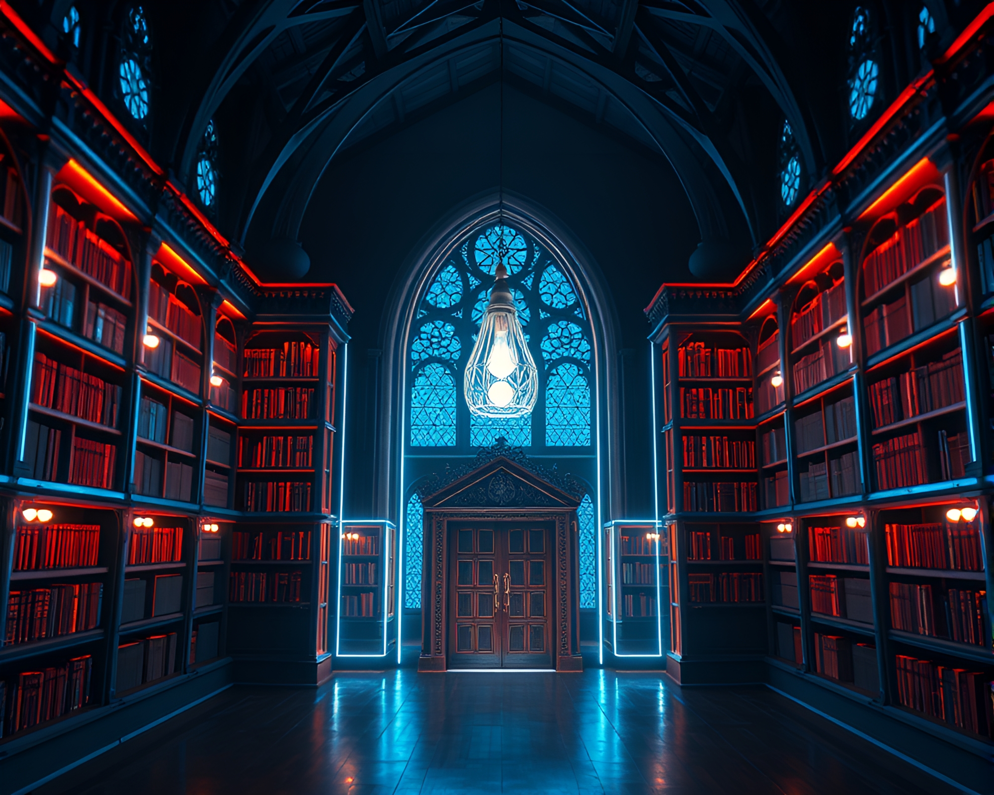 Glowing Neo-Gothic Mansion Library in Hologram Wireframe – free AI stock image