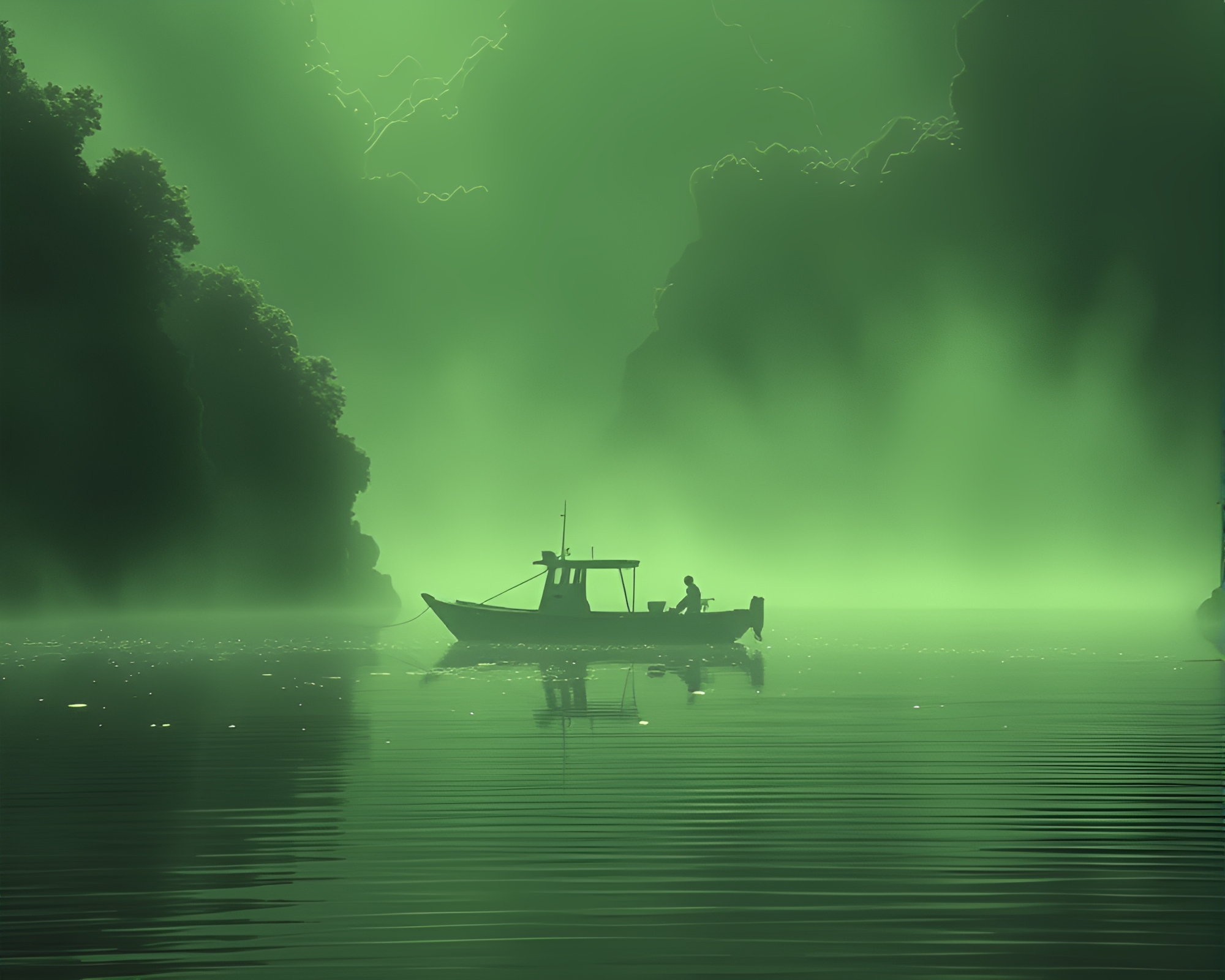Etching Lines Hydrofoil Boat in Rainforest Green Haze – free AI stock image