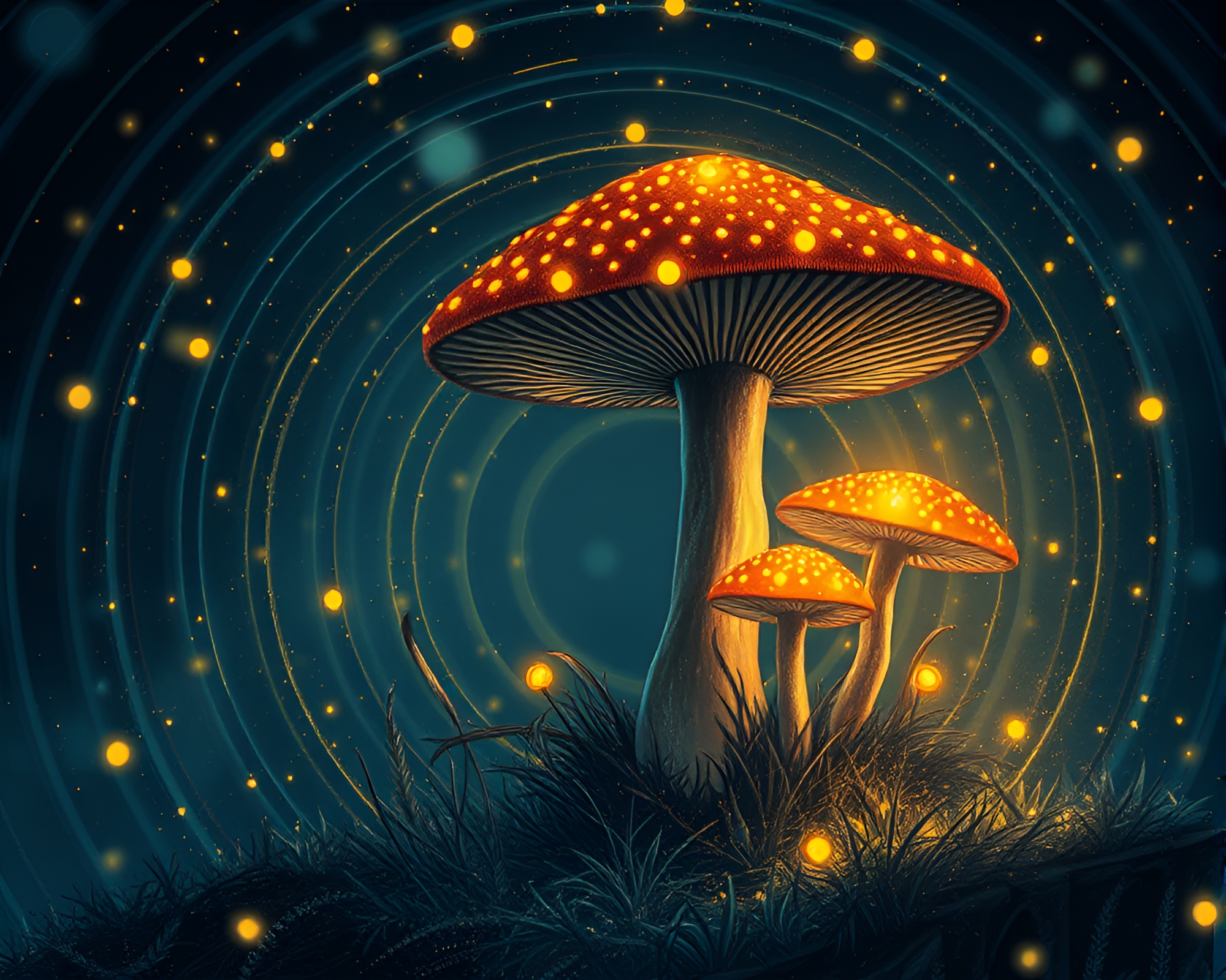 Enchanting Fungal Bioluminescence: Fairy Light Concentric Circles – free AI stock image