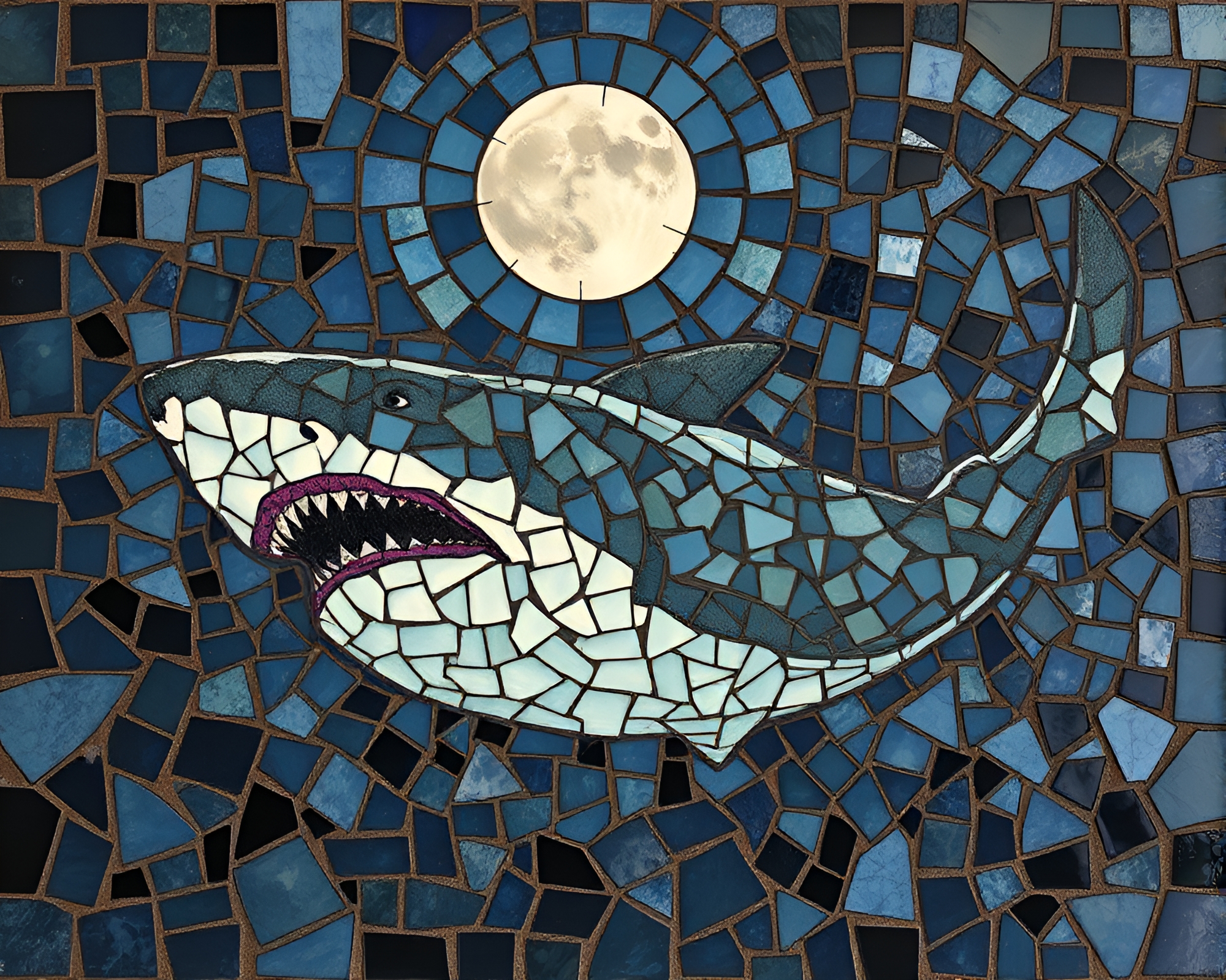 Shark Mosaic Shards in Moonlit Sgraffito Scene – free AI stock image