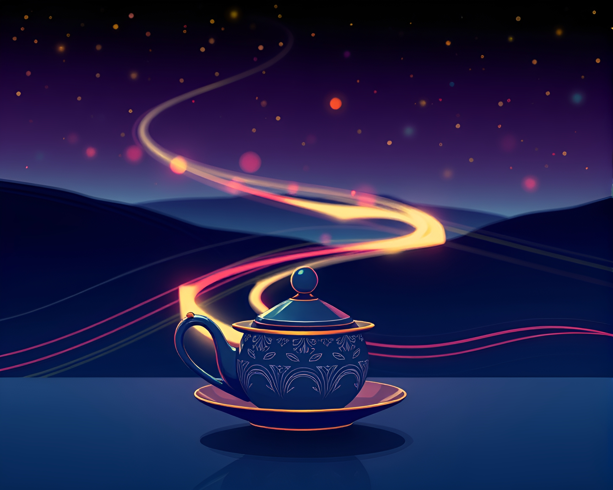 Tea Set Light Trails in Jewel Tones – free AI stock image