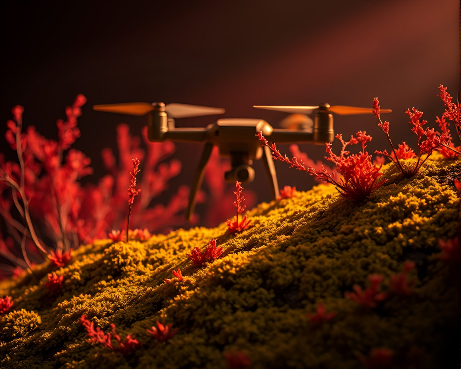 Colorful lichen texture viewed through infrared drone with spotlight