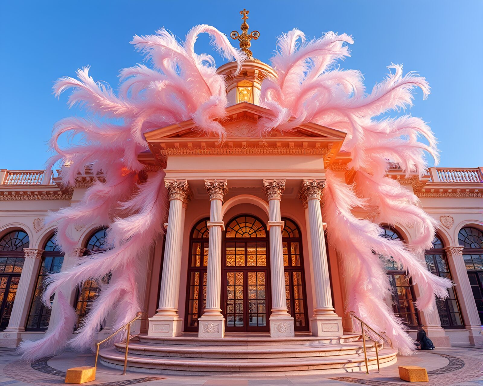 Architectural rendering of swirling kaleidoscope lights and delicate feathers