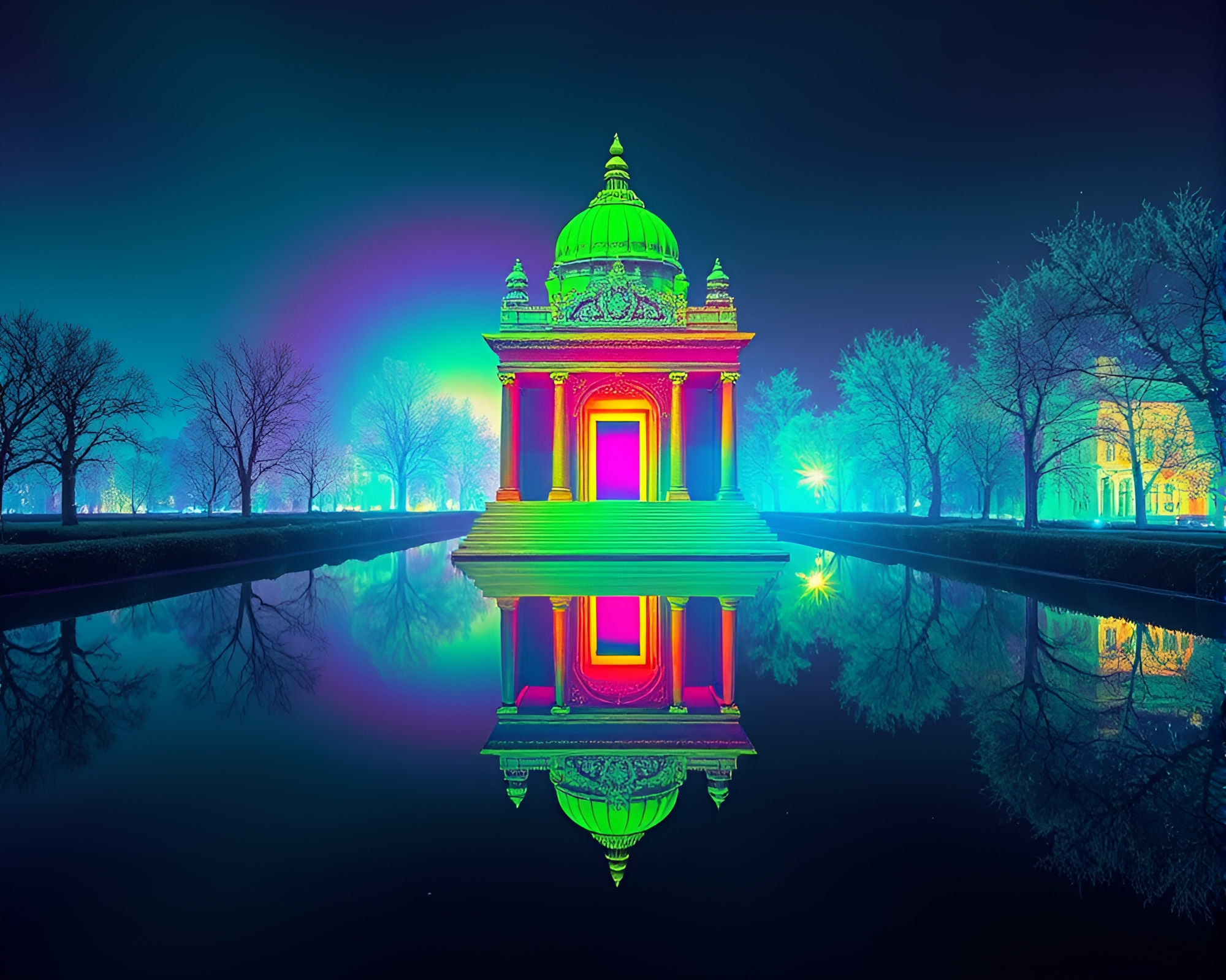 Chrome Temple Reflecting Rainbow Spectrum Thermal Image – free AI stock image