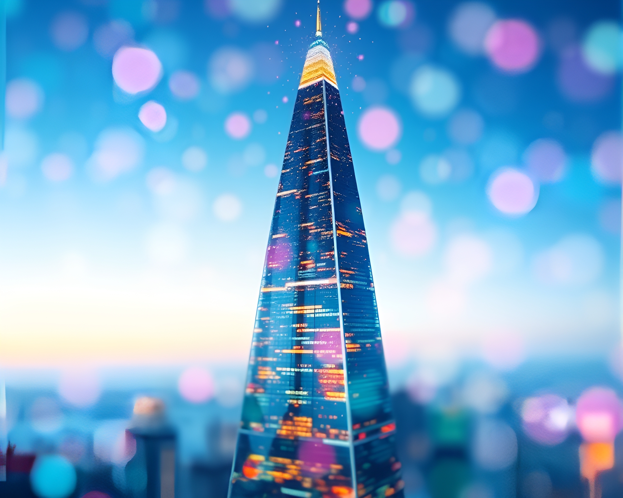 Galaxy Cityscape with Digital Noise and Bokeh Effect – free AI stock image