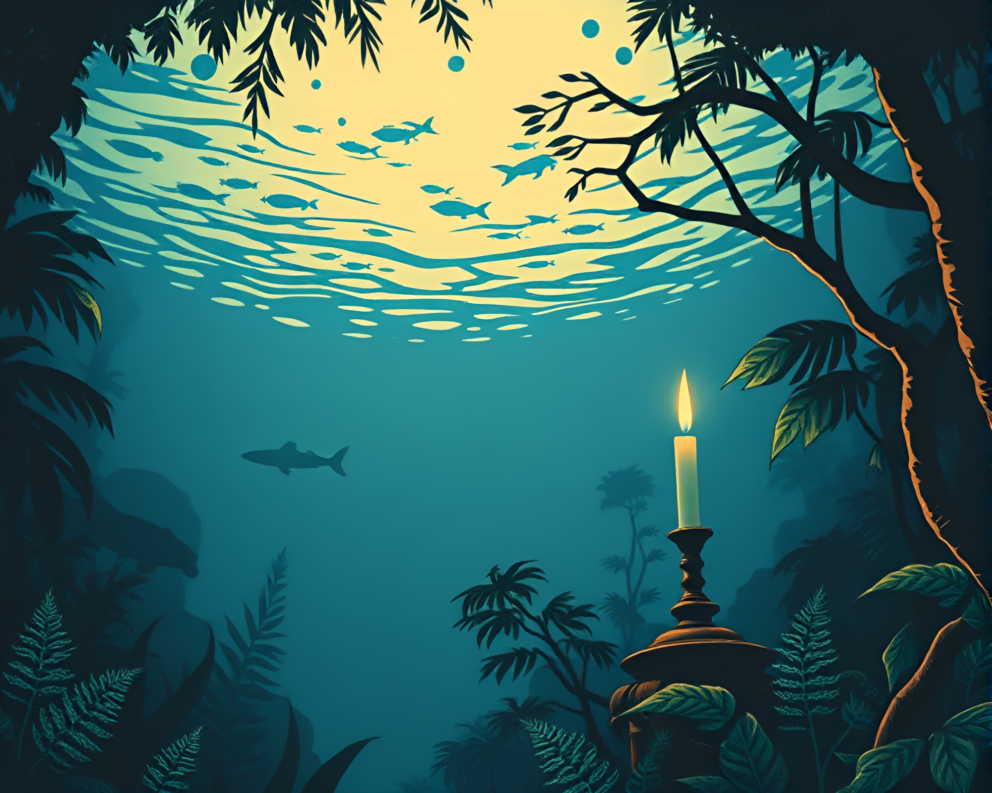 Underwater Submarine in Jungle Canopy Candlelit Scene – free AI stock image