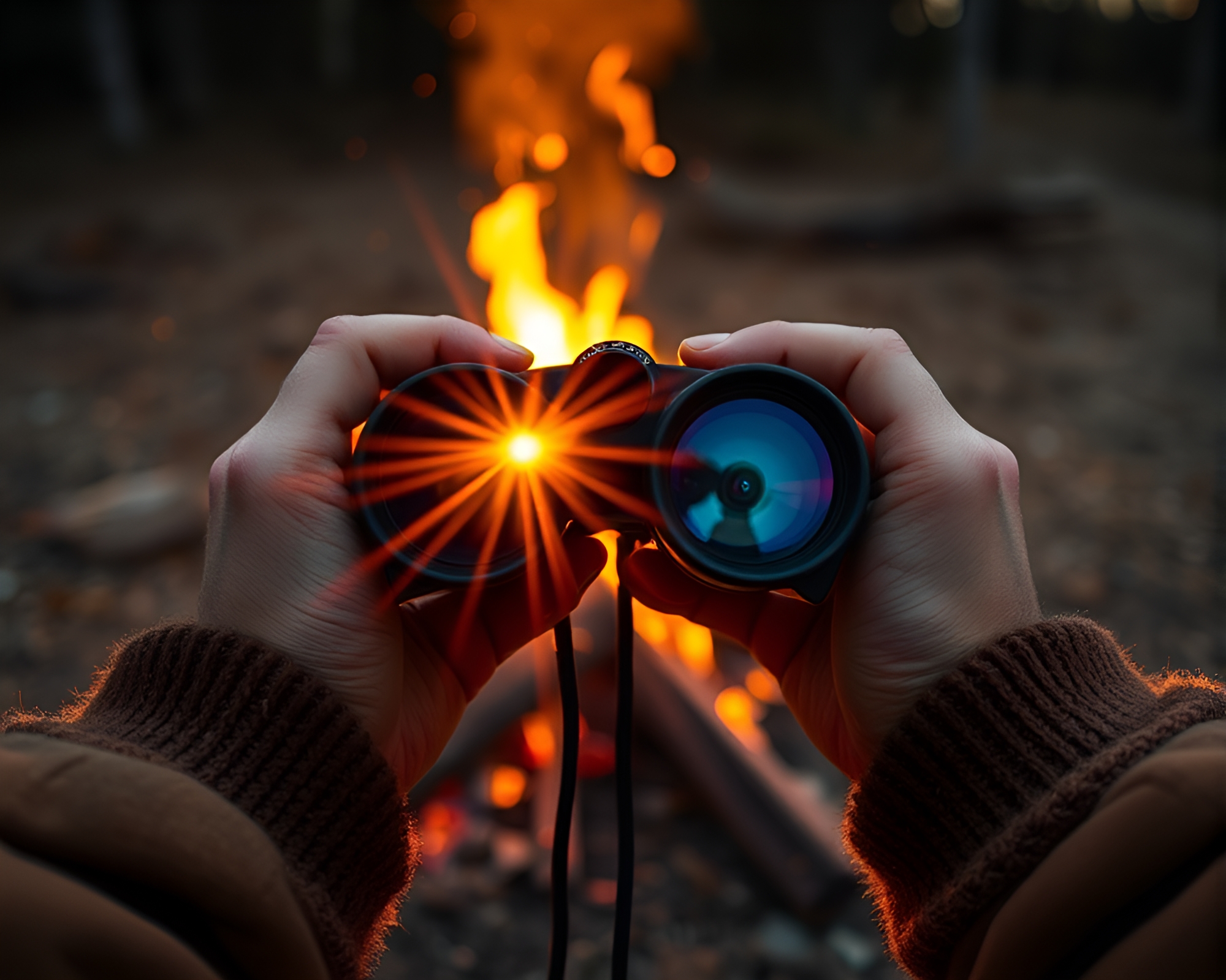 Sunburst Binoculars at Bonfire – Warmth and Adventure – free AI stock image