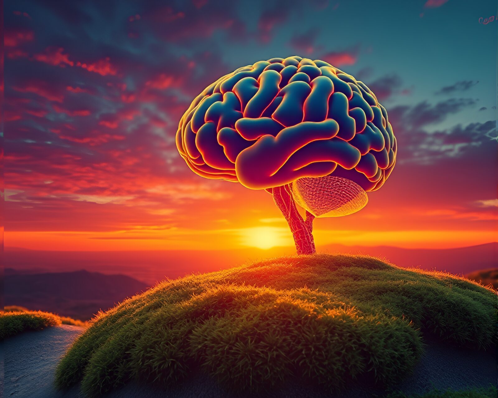 Abstract thermal image of AI brain amongst moss in desert sunset