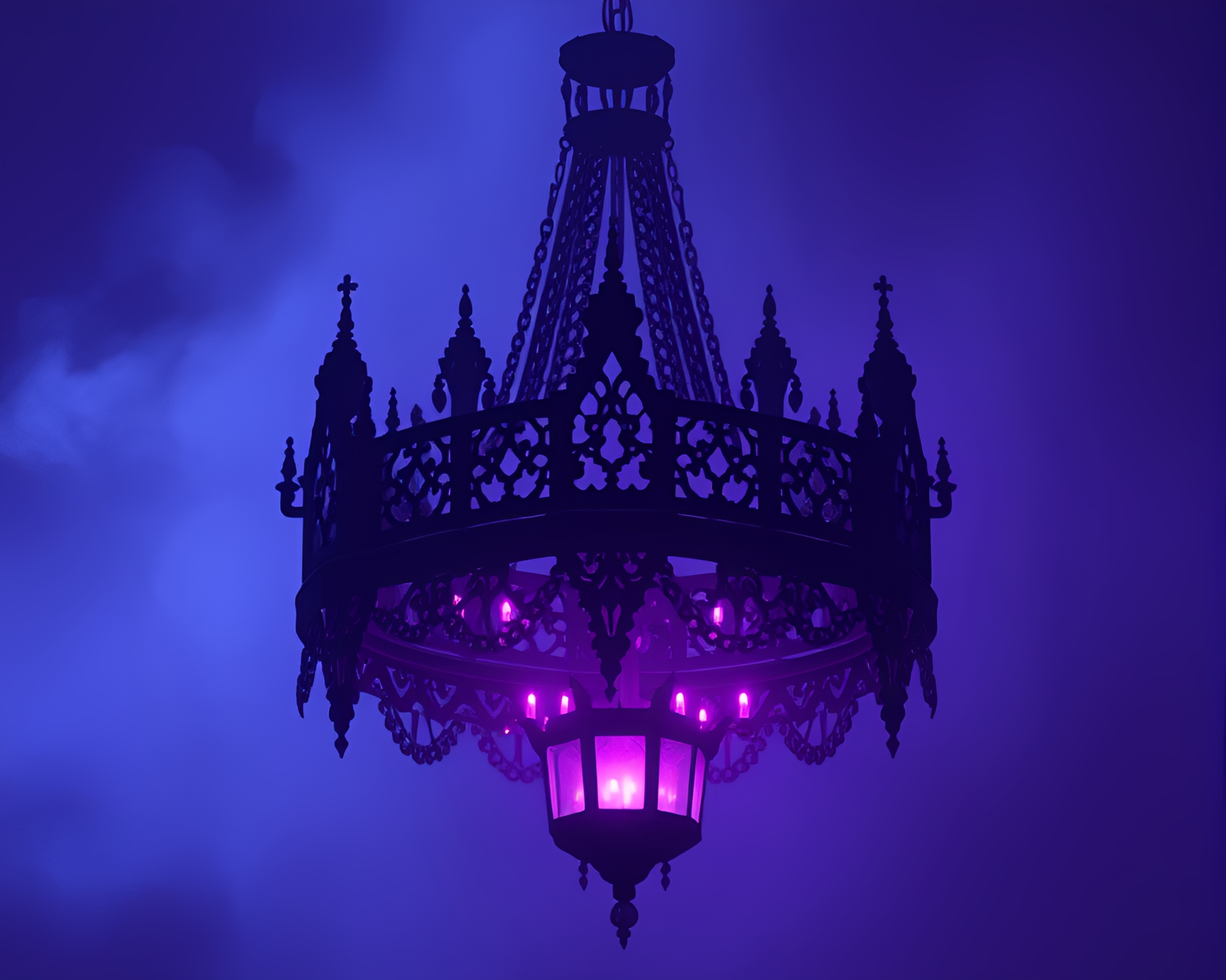 Ethereal Voxel Art: Gothic Chandelier in Amethyst Fog – free AI stock image