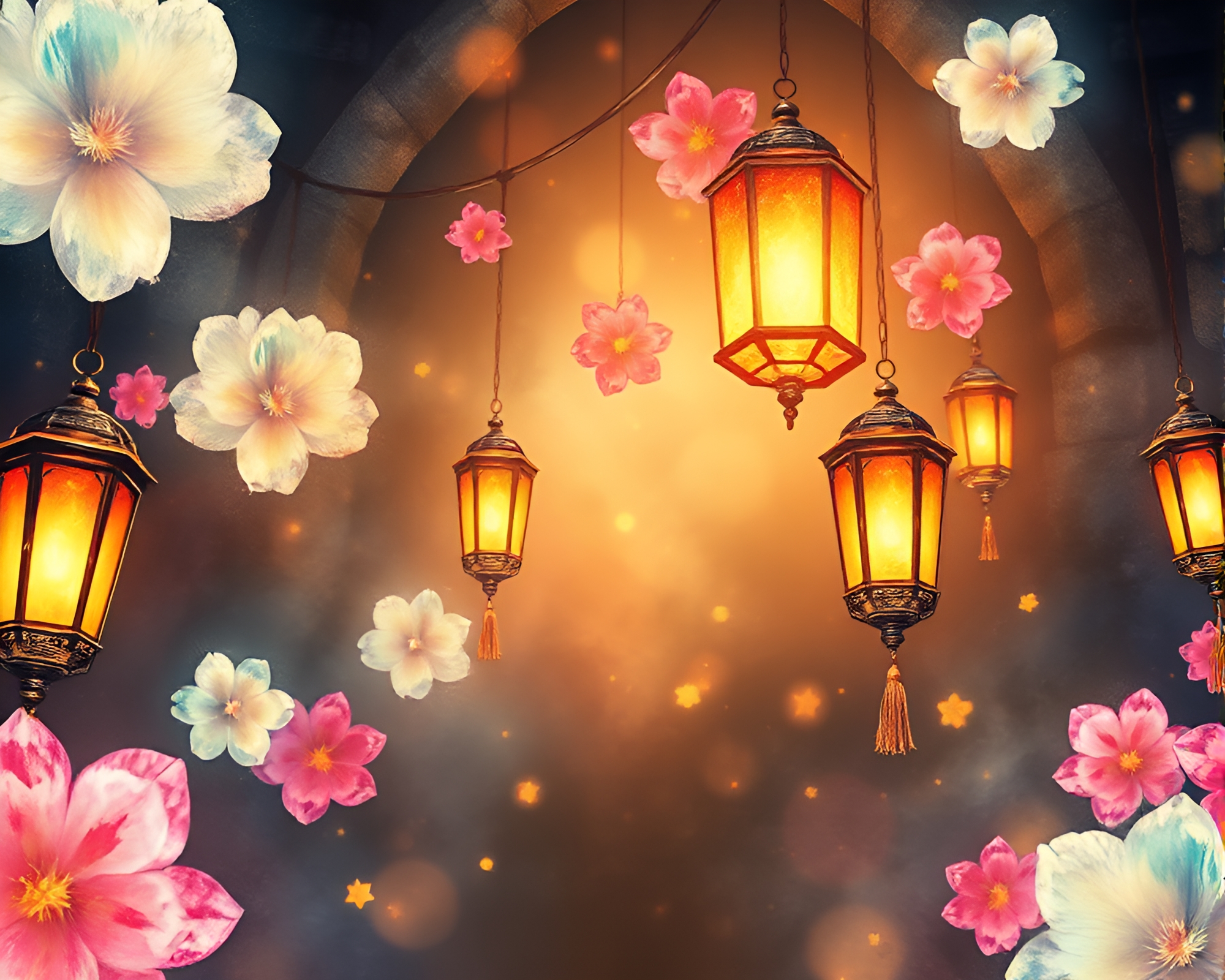 Watercolor Lanterns in Dungeon Torchlight – free AI stock image