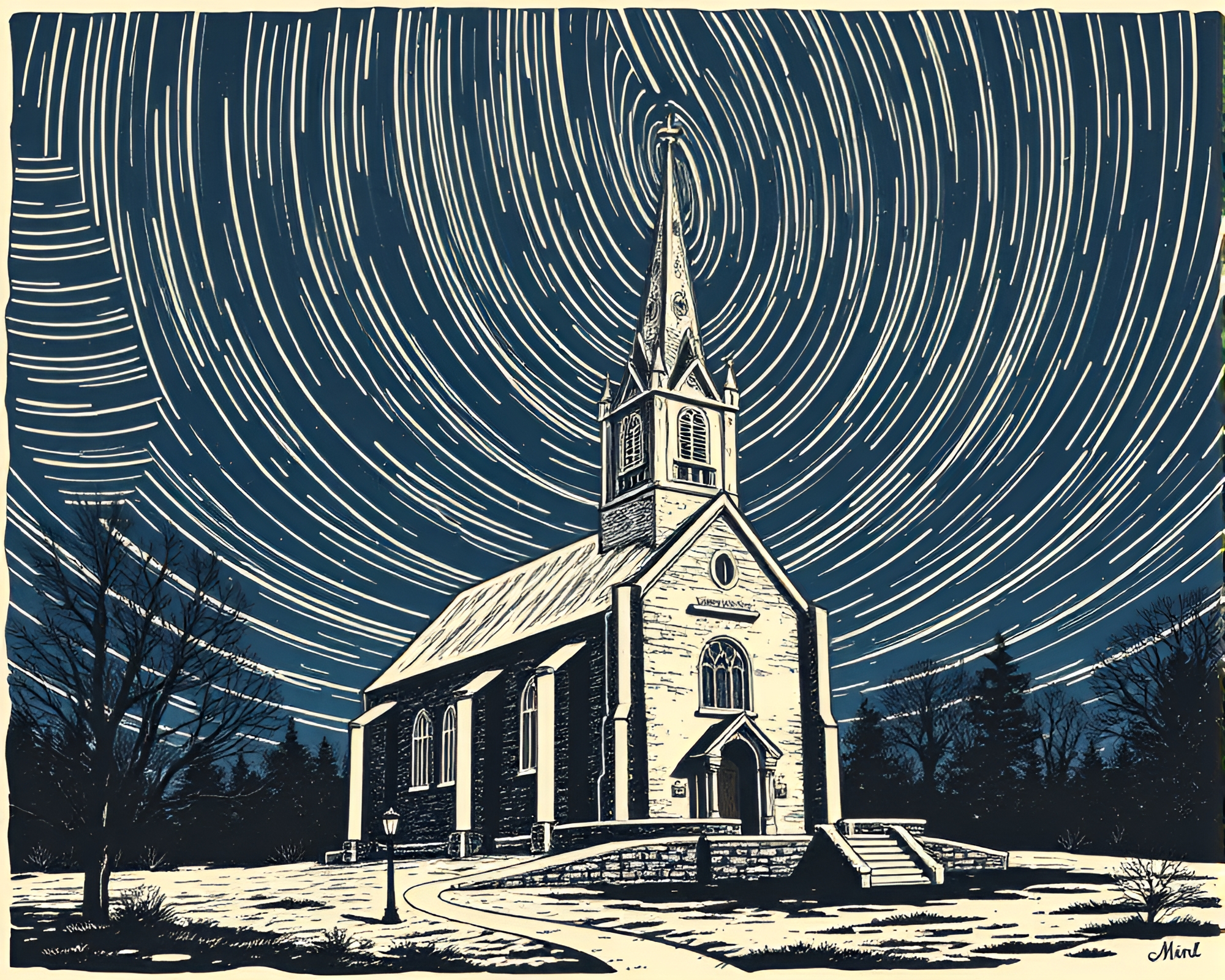 Enchanting Star Trails Over Candlelit Castle Woodcut Print – free AI stock image