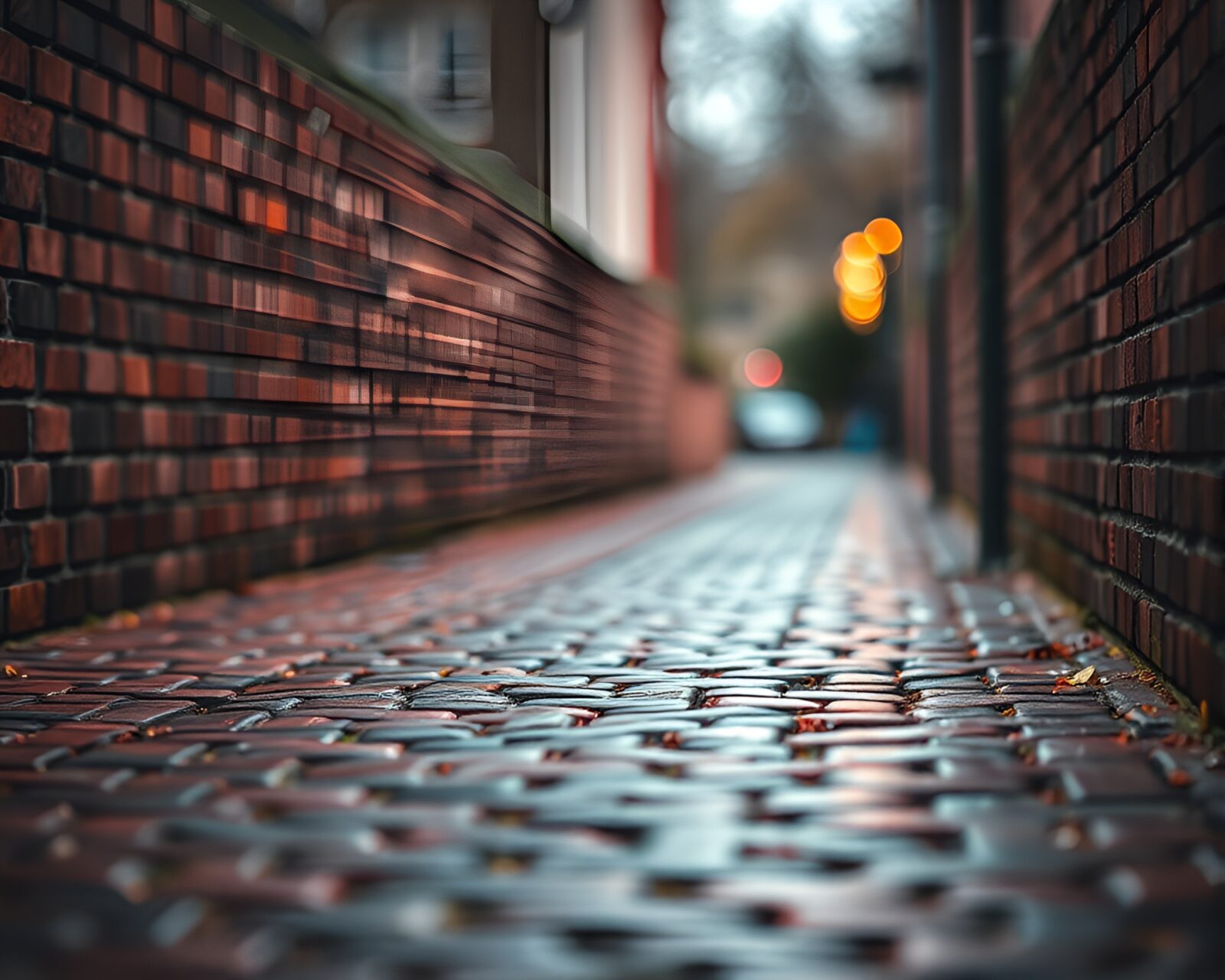 Holographic display casting brick red light on cobblestone path