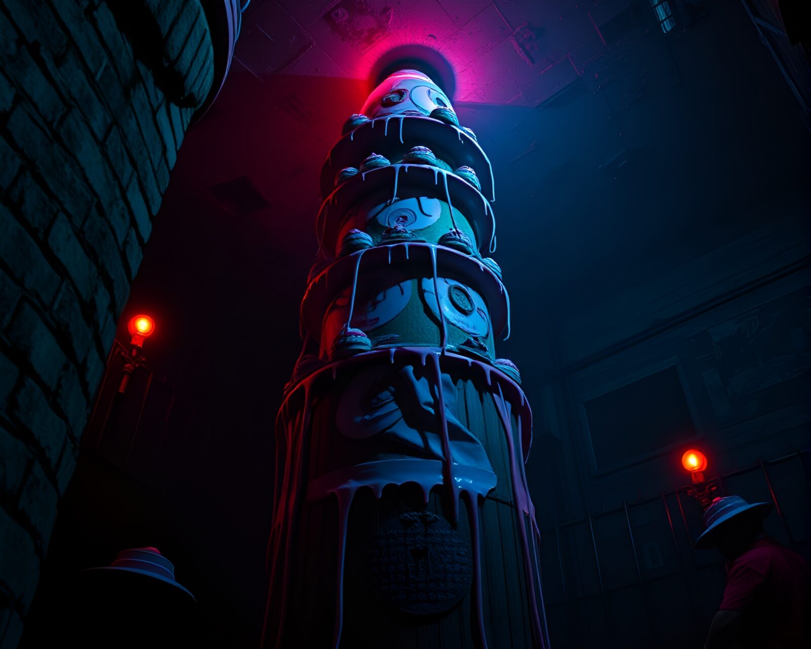 Gloomy basement scene with neon lit retro cupcake tower