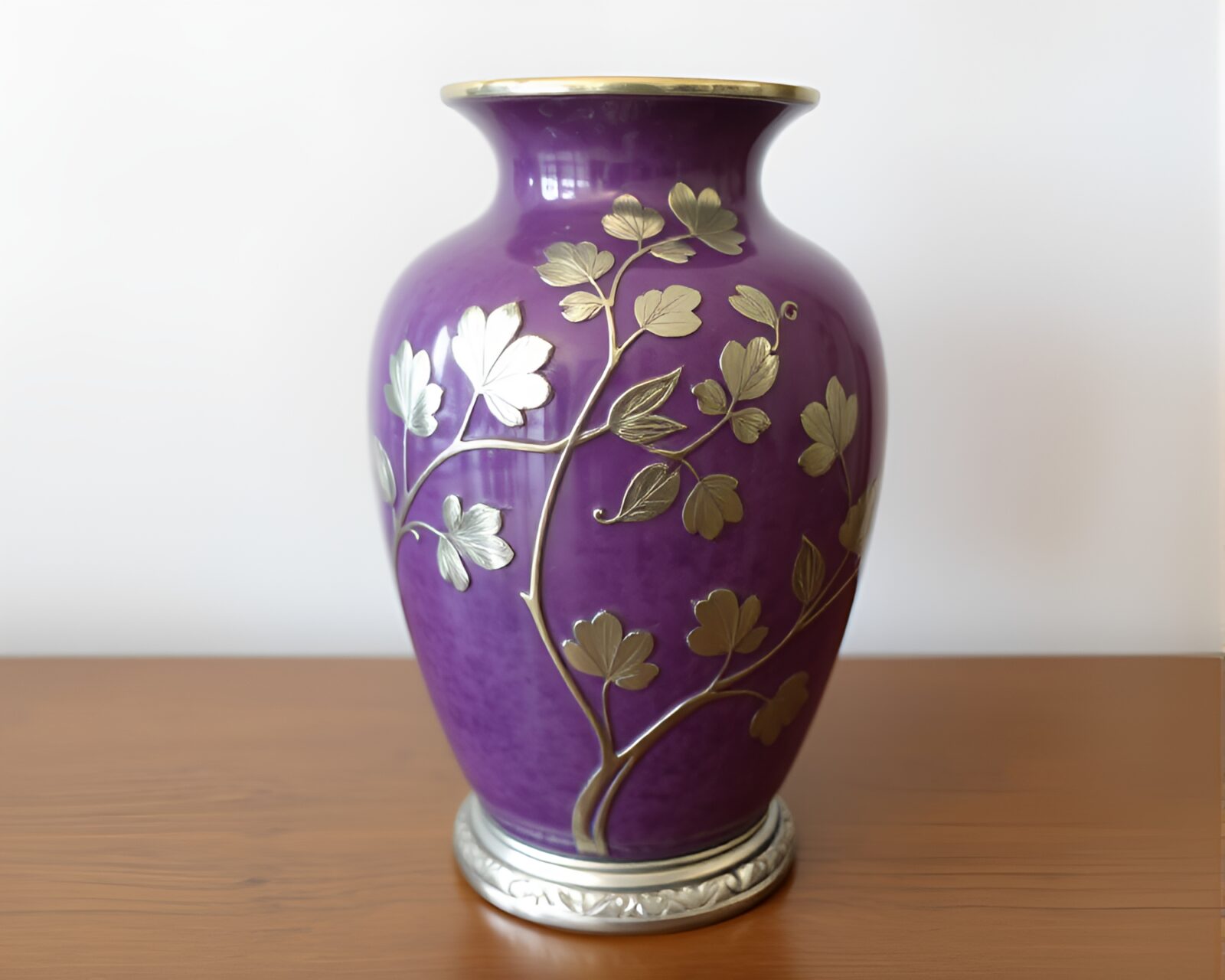 Elegant cloisonné vase in amethyst hues with intricate silver leaf details