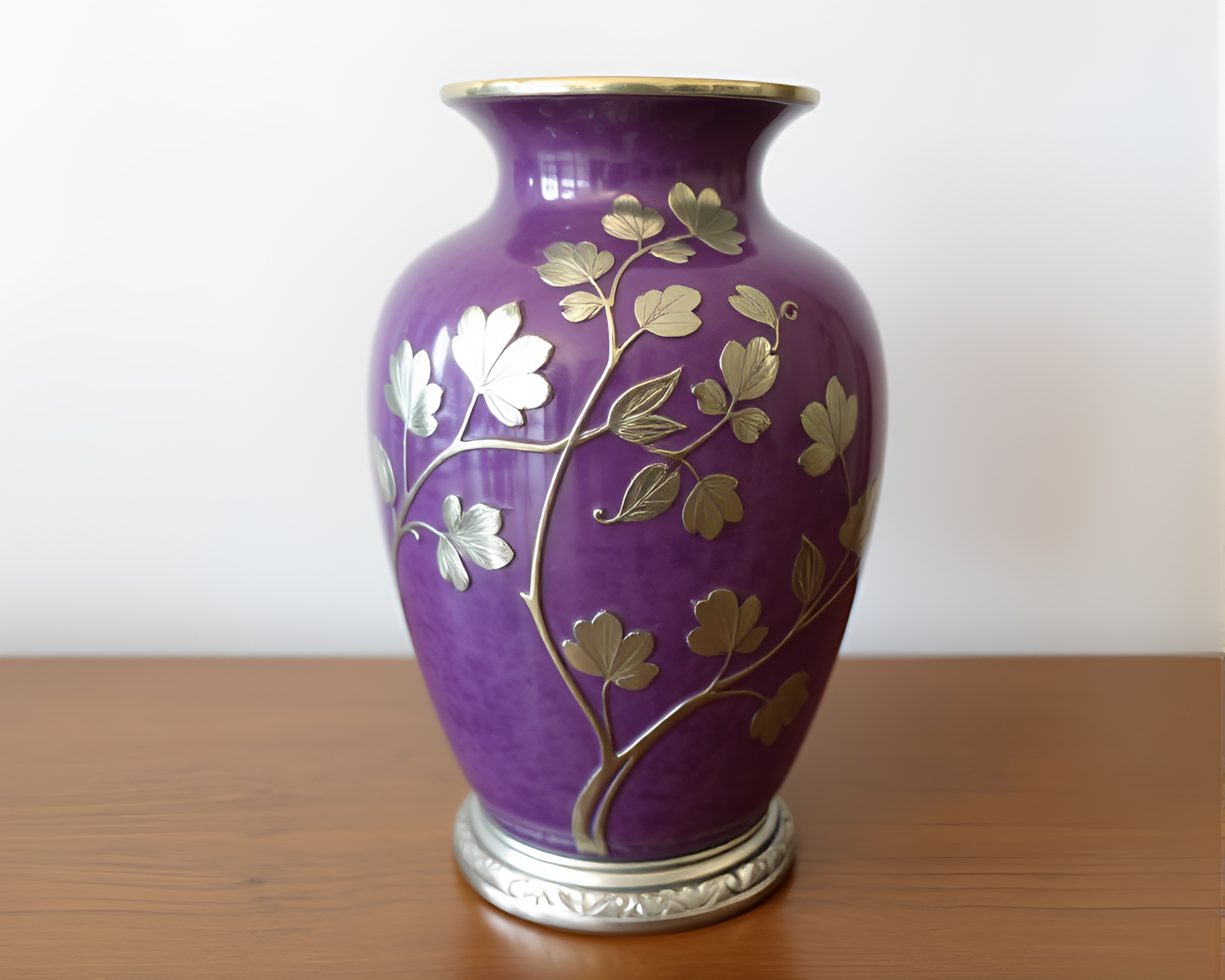 Enchanting Amethyst Cloisonné Vase with Silver Leaf Accents – free AI stock image