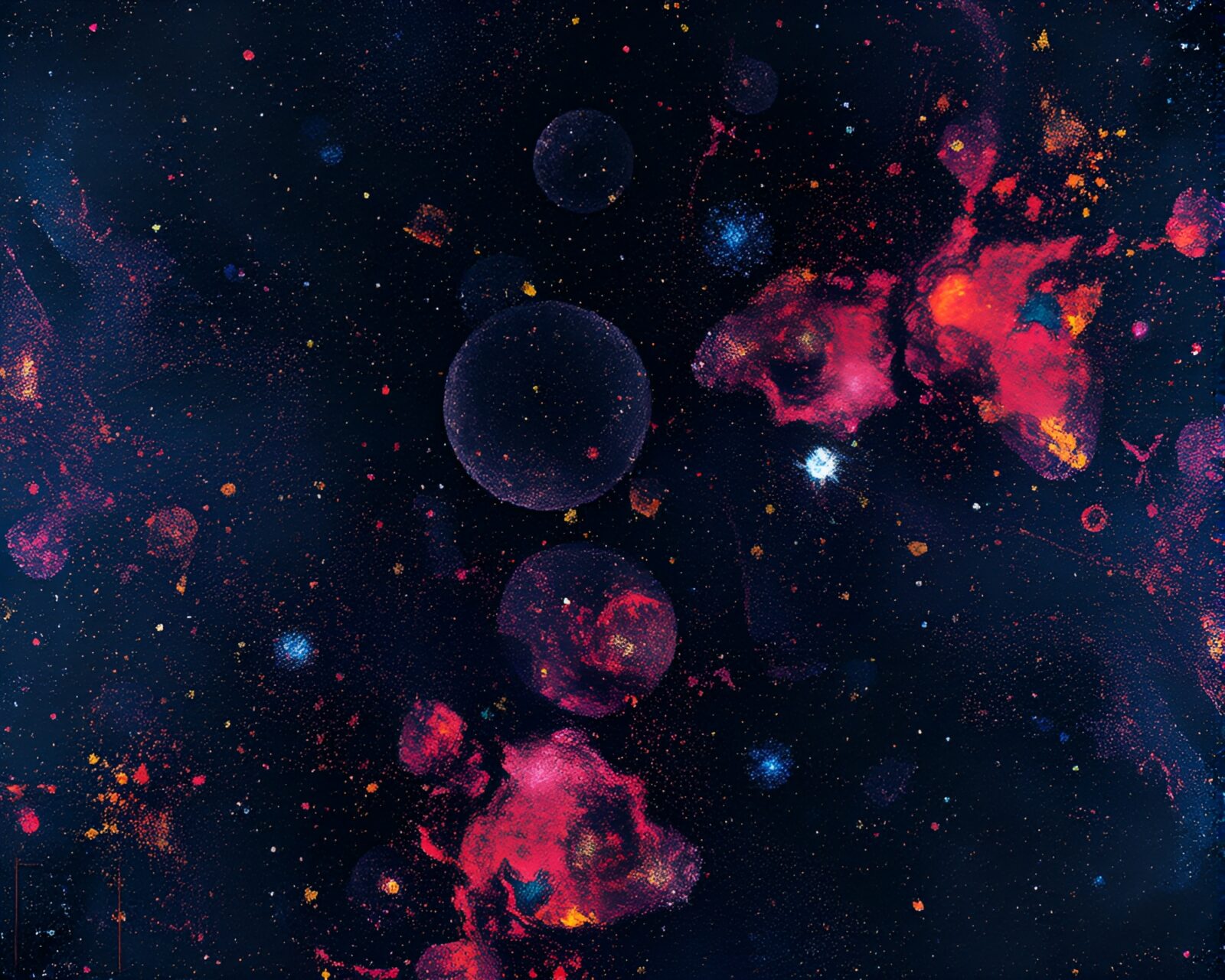 Colorful cosmic dust spatters in digital glitch aesthetic