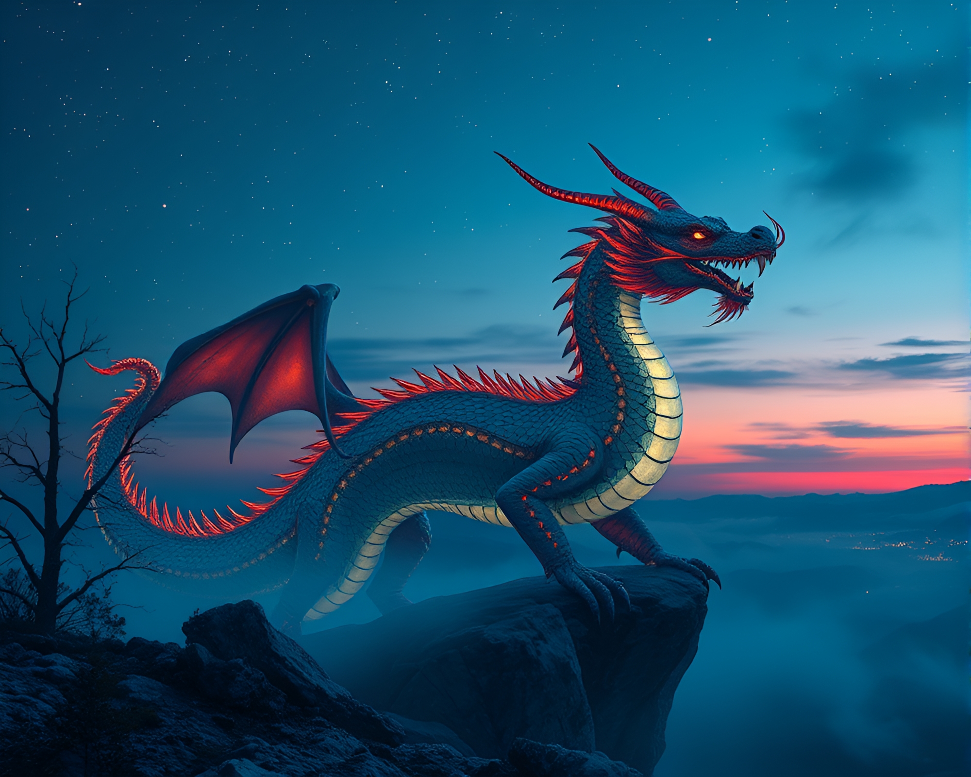 Celestial Dragon in Twilight Blue Hour Technical Illustration – free AI stock image