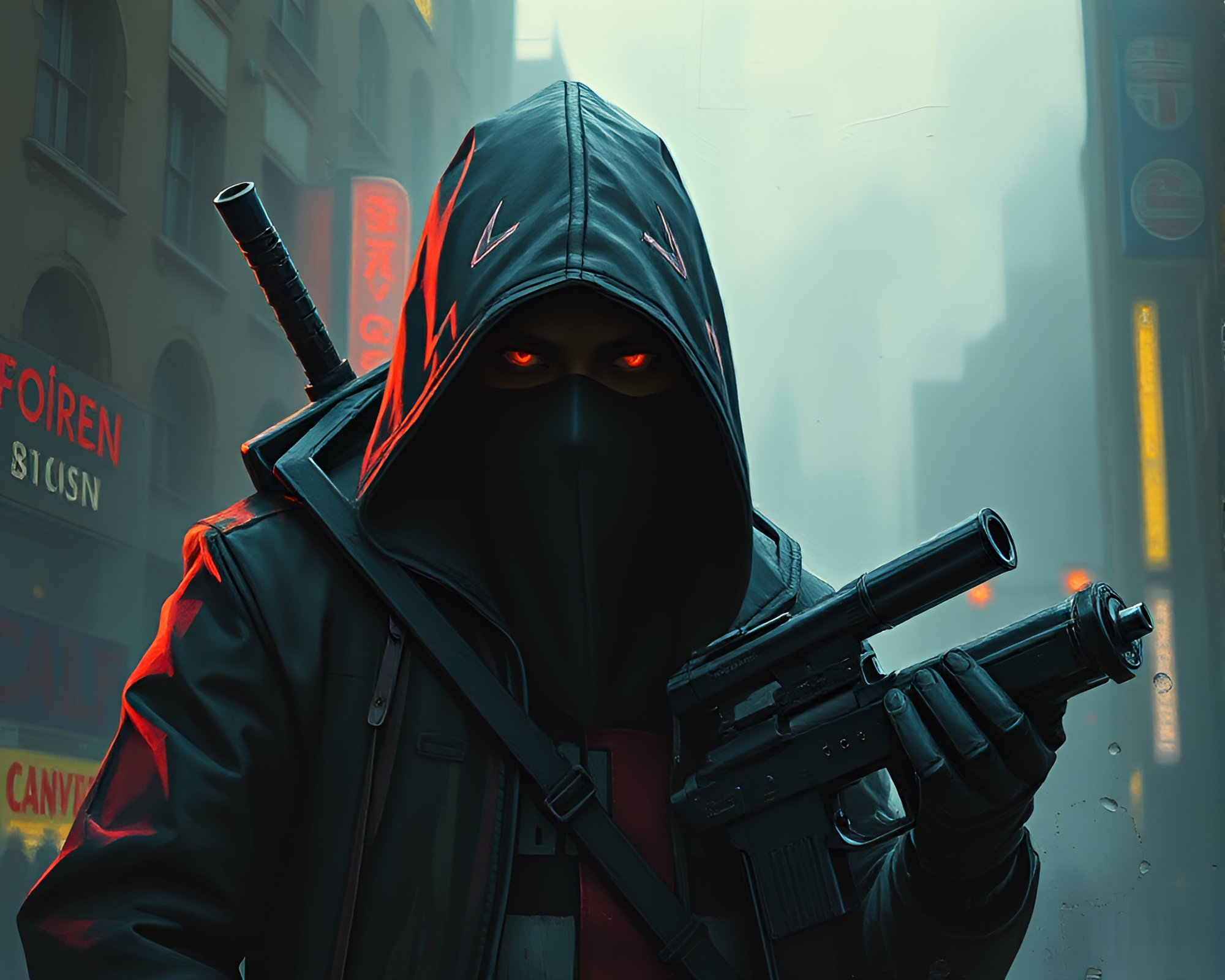Cyberpunk Vigilante In Misty Alley Oil Painting – free AI stock image
