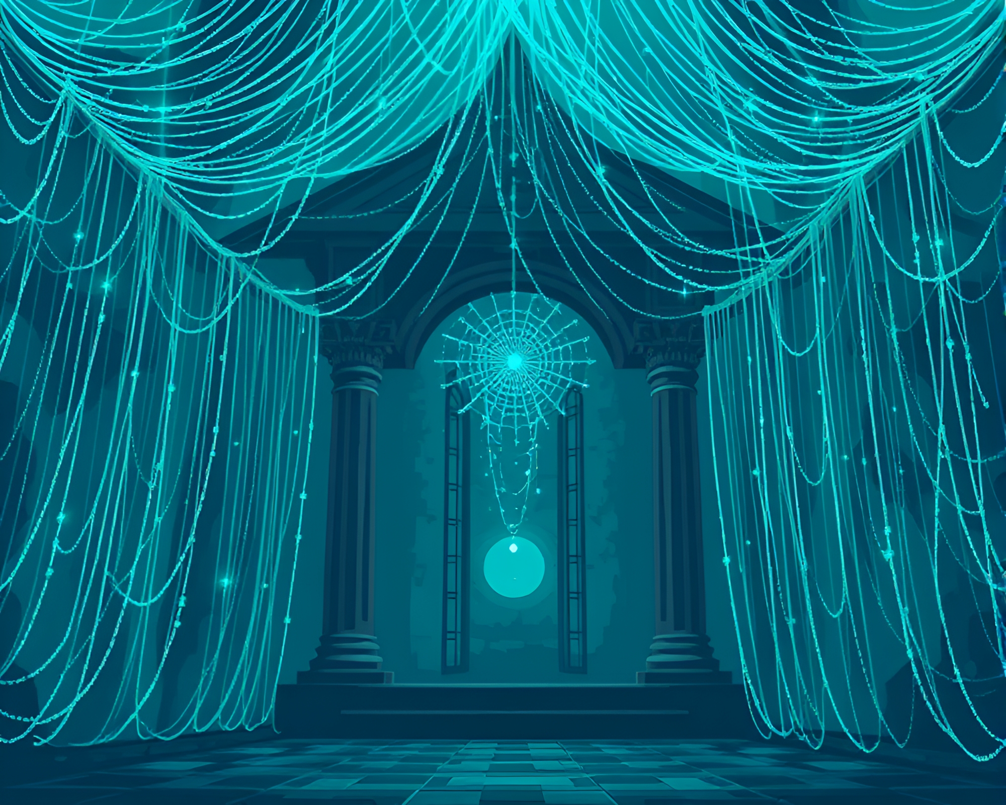 Teal Temple Serenity: Pixel Art Cobweb Masterpiece – free AI stock image