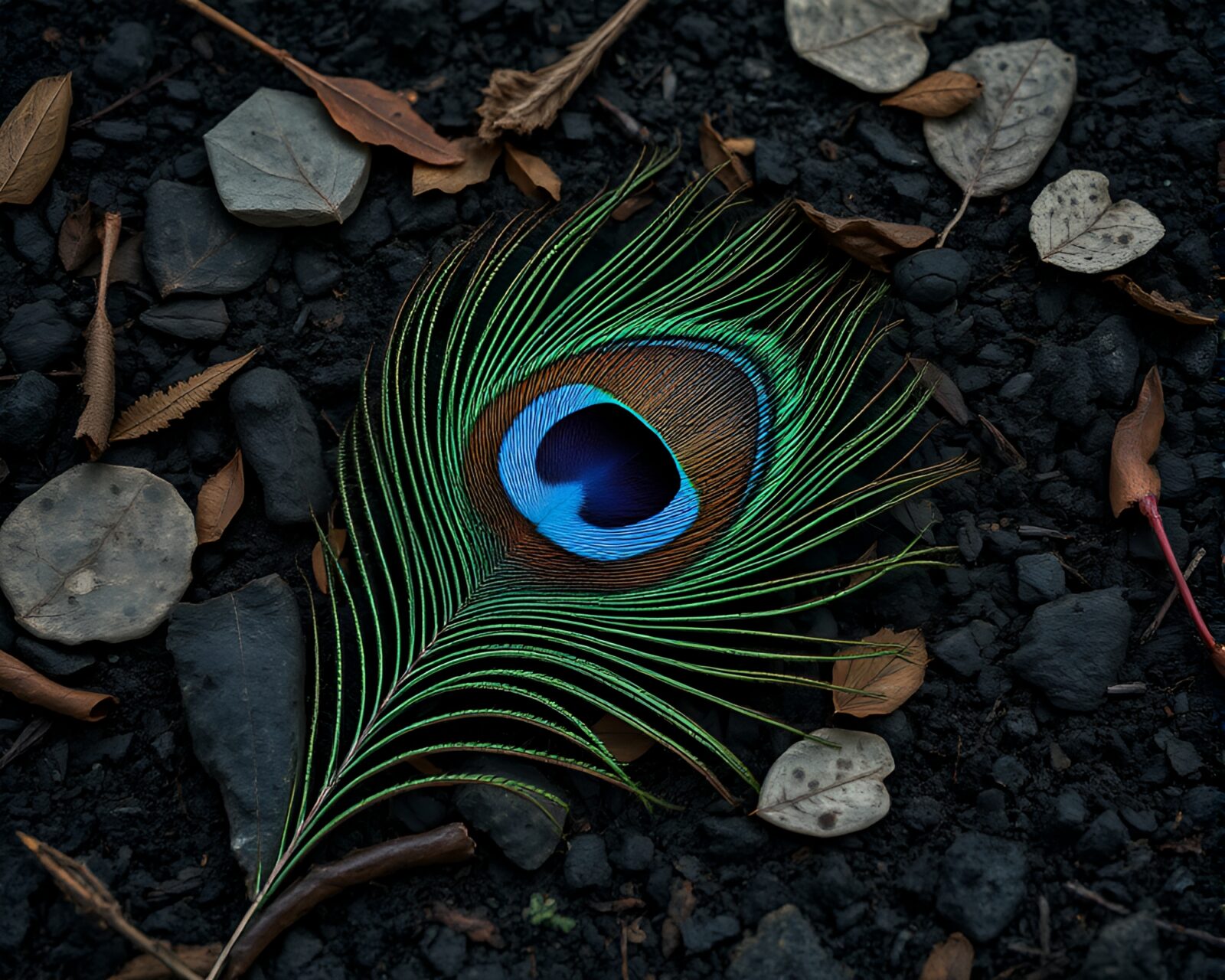 Pixel art depiction of peacock feather on leaf litter
