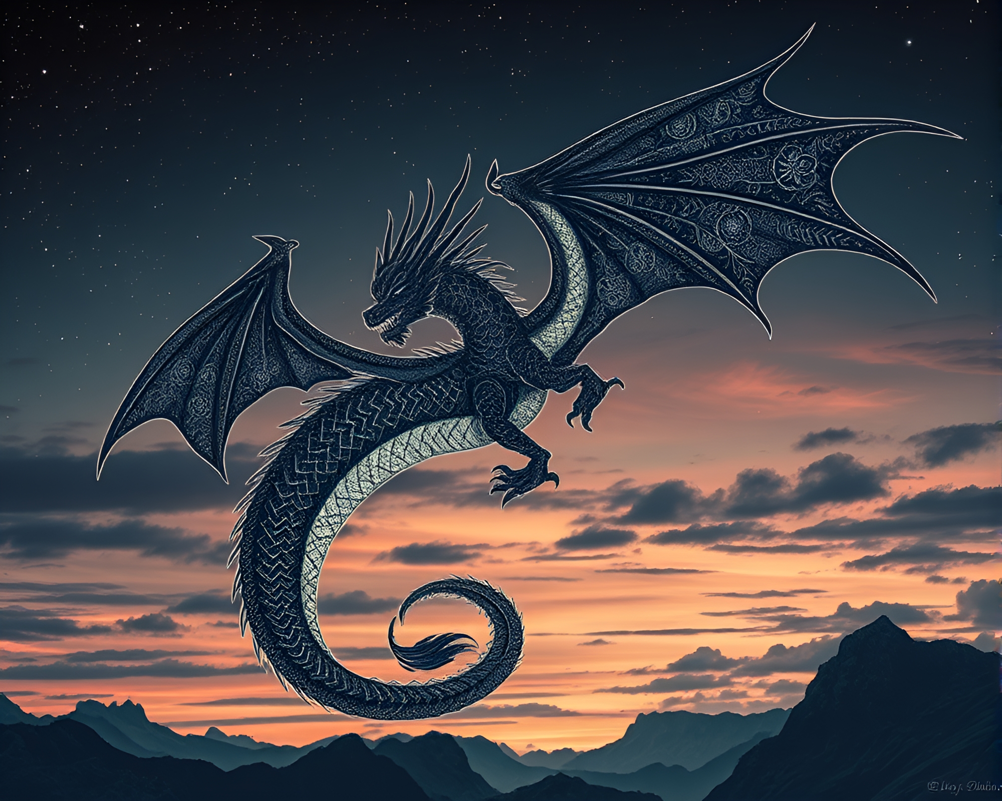 Celestial Dragon in Twilight Crosshatching Scene – free AI stock image