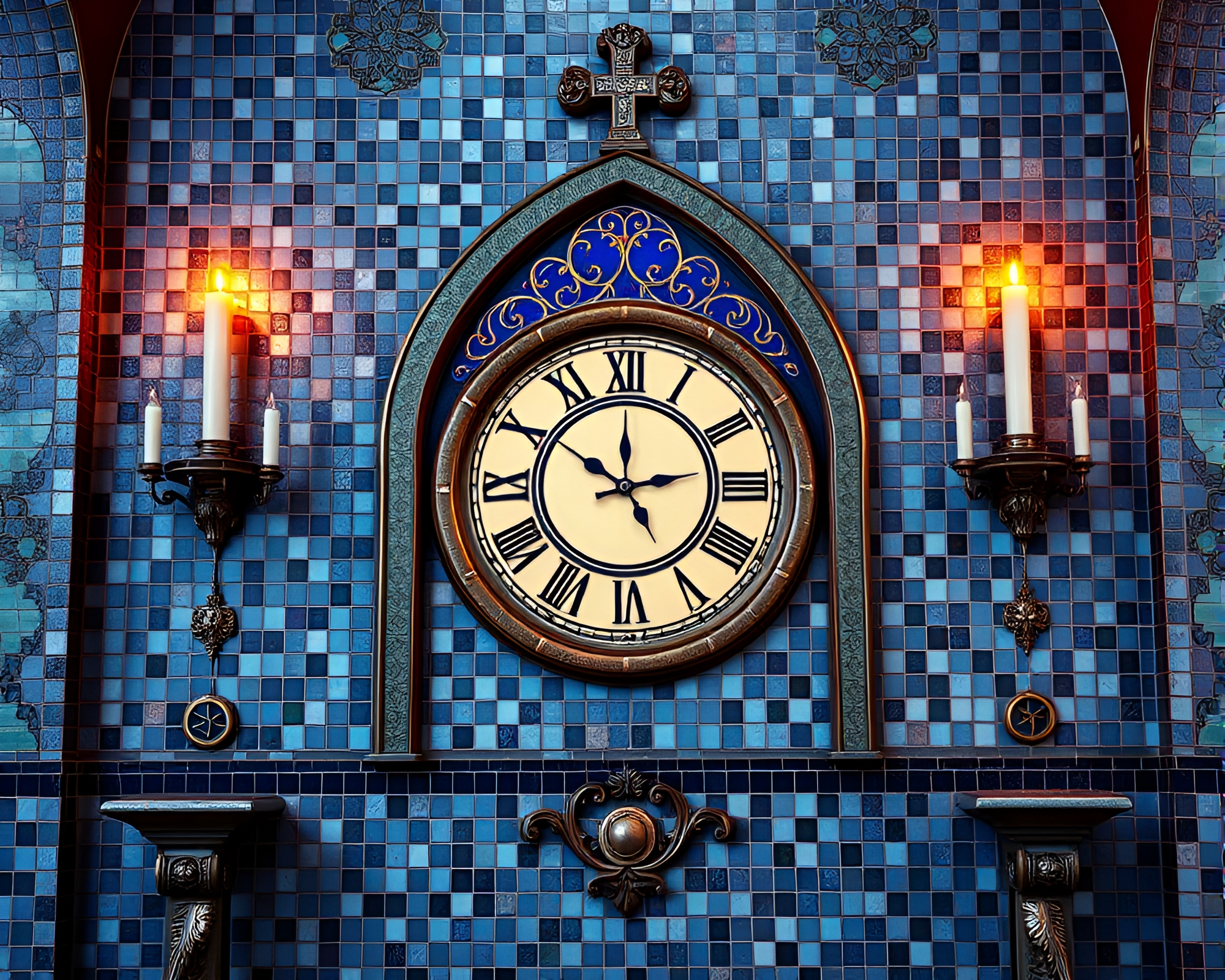 Retro Futuristic Chrono Clock Mosaic in Candlelit Church – free AI stock image