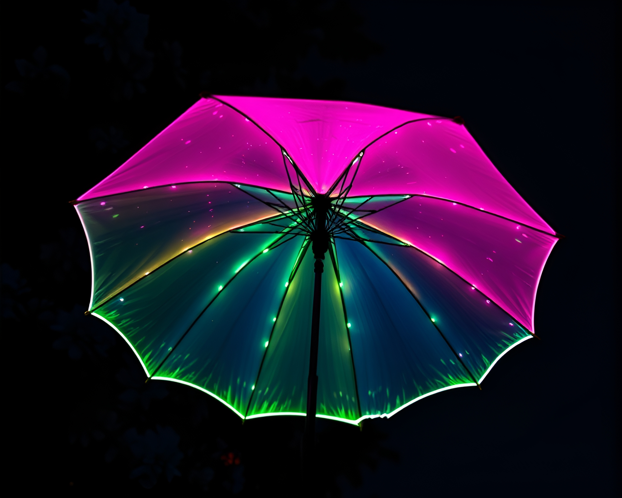Neon-Lit Umbrella in Bioluminescent Collage – free AI stock image
