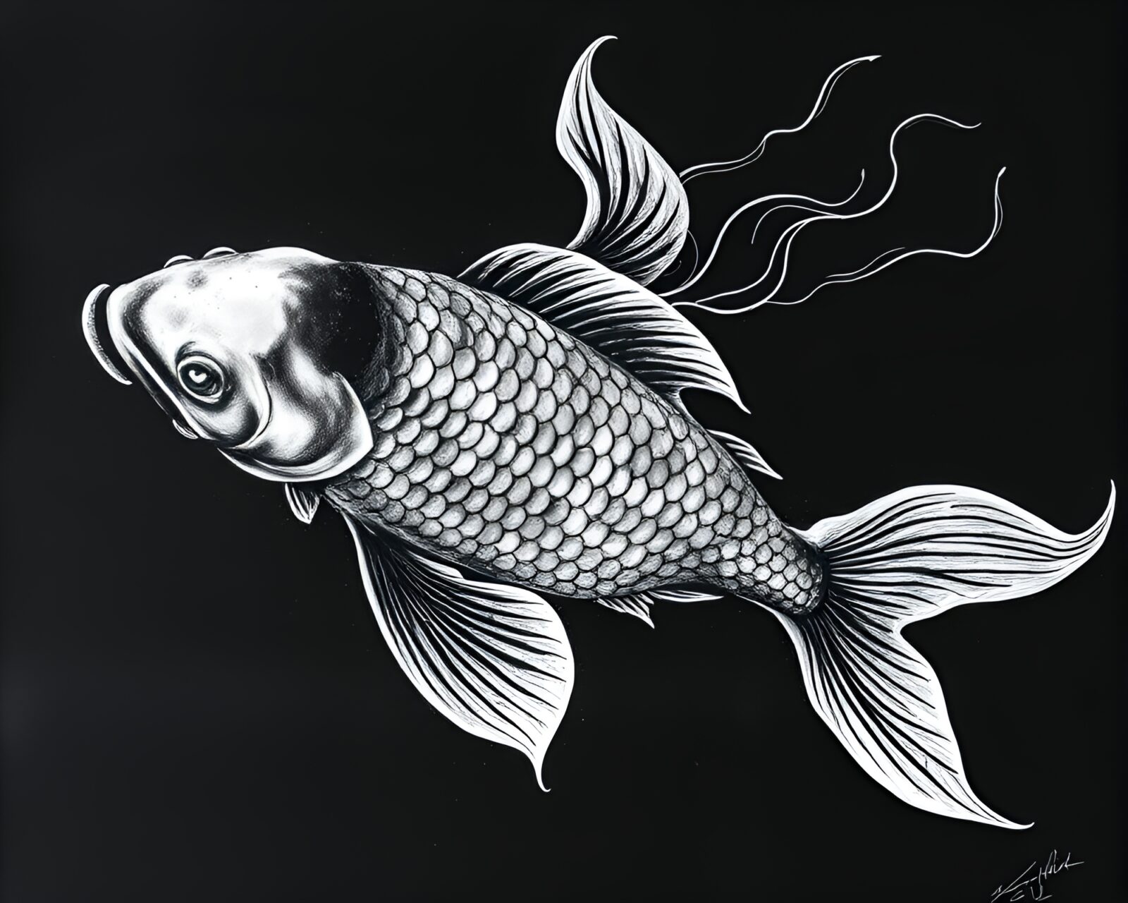 Black and white swirling koi fish in abstract motion