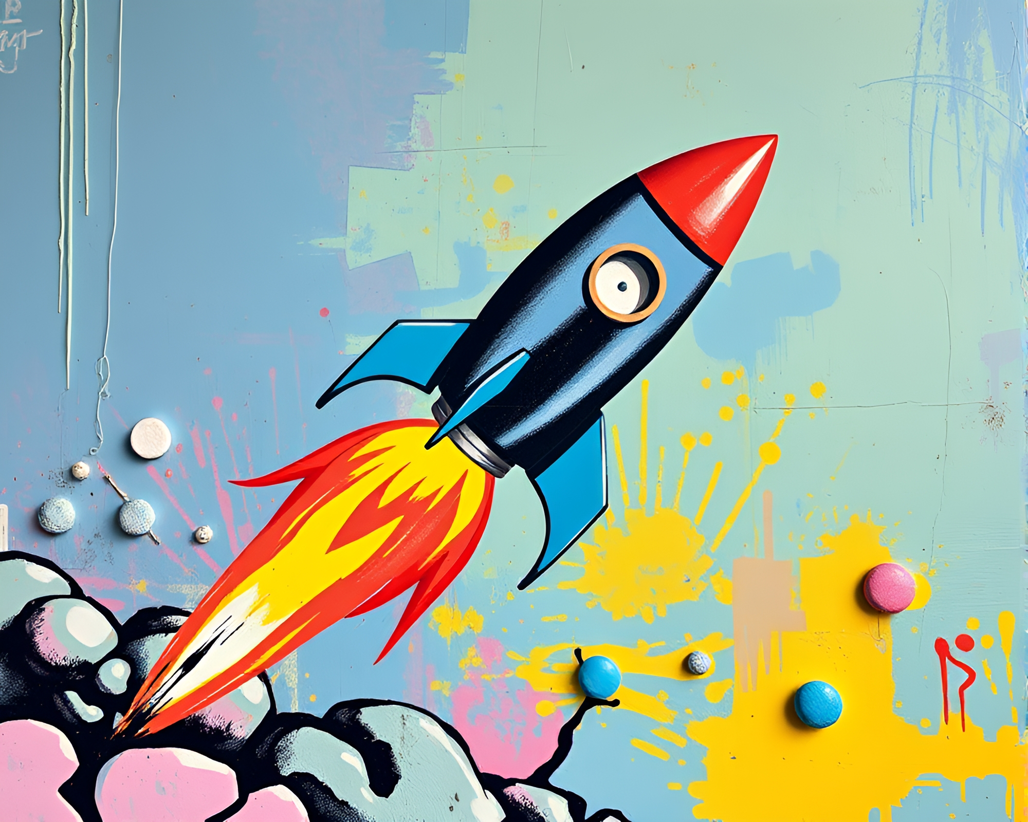 Pastel Rocket Graffiti in Trompe-l’oeil – free AI stock image